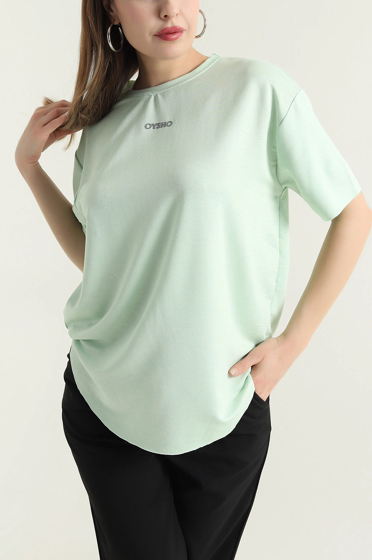 Fıstık Yeşili Oval Kesim Modal Kadın Tişört 433252