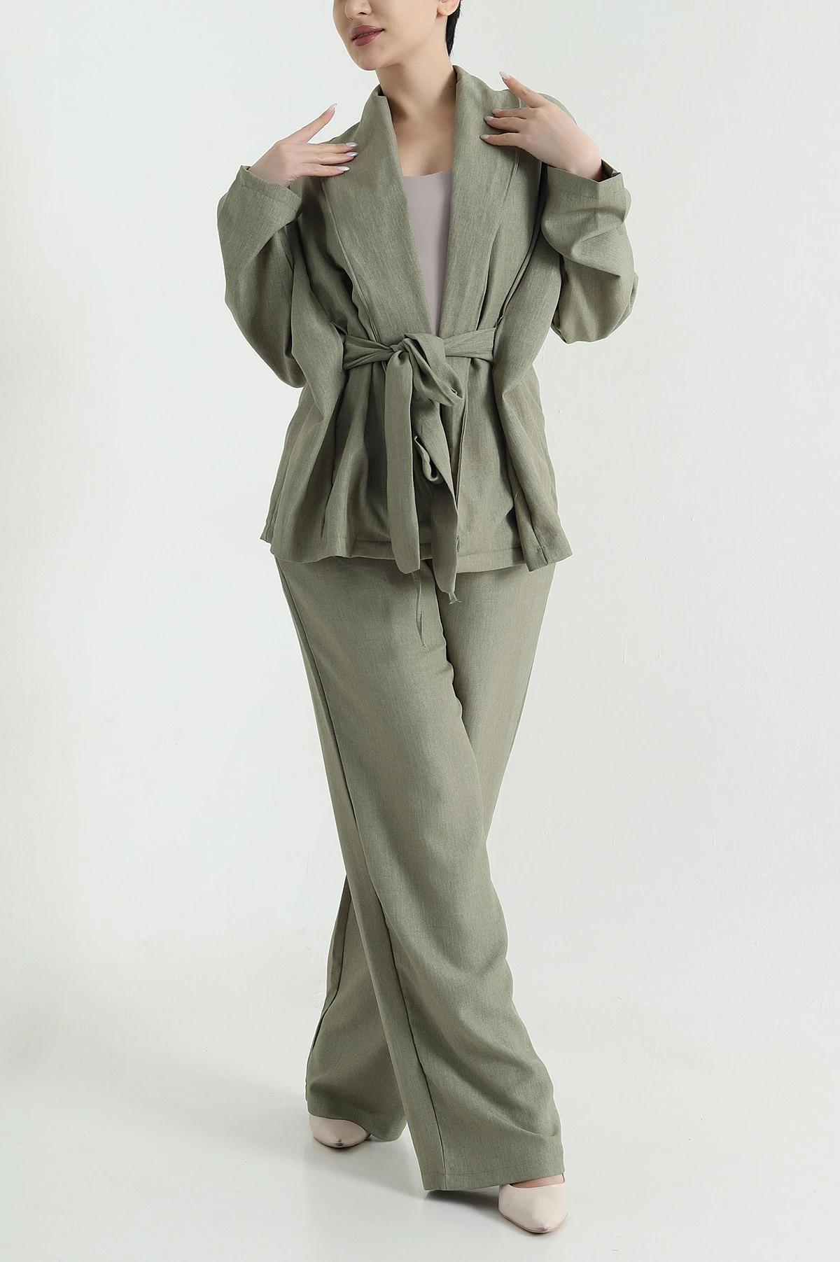 Fıstık Yeşili Oversize Keten Kadın İkili Takım 446550