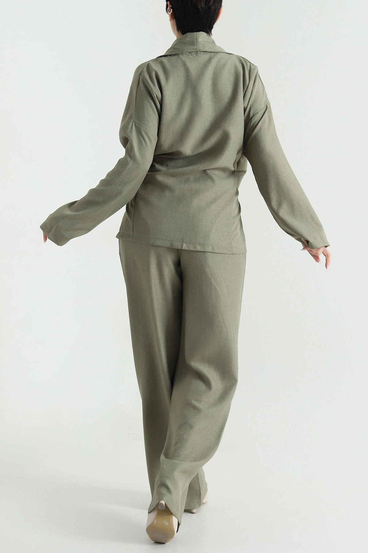 Fıstık Yeşili Oversize Keten Kadın İkili Takım 446550