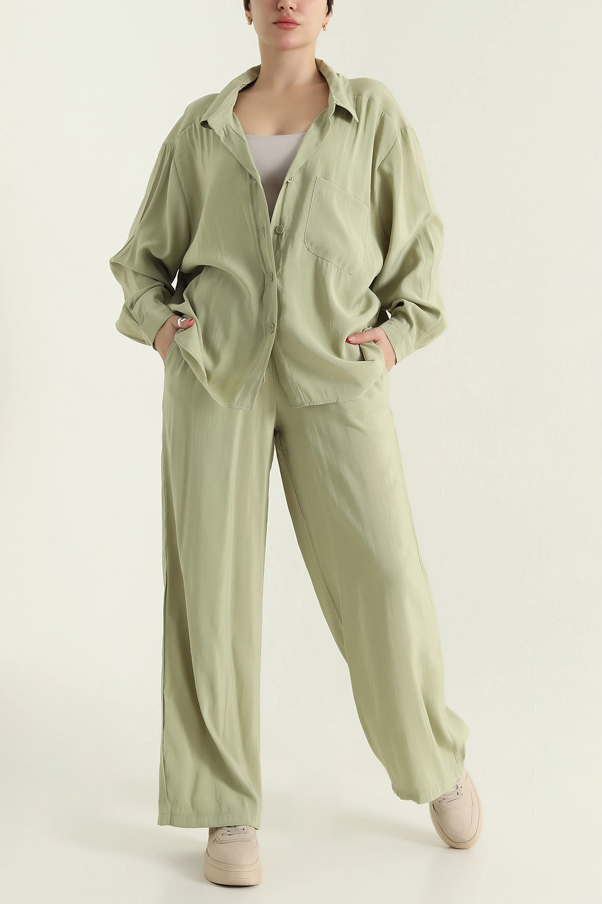 Fıstık Yeşili Pantolon Gömlek Modal Kadın İkili Takım 433951