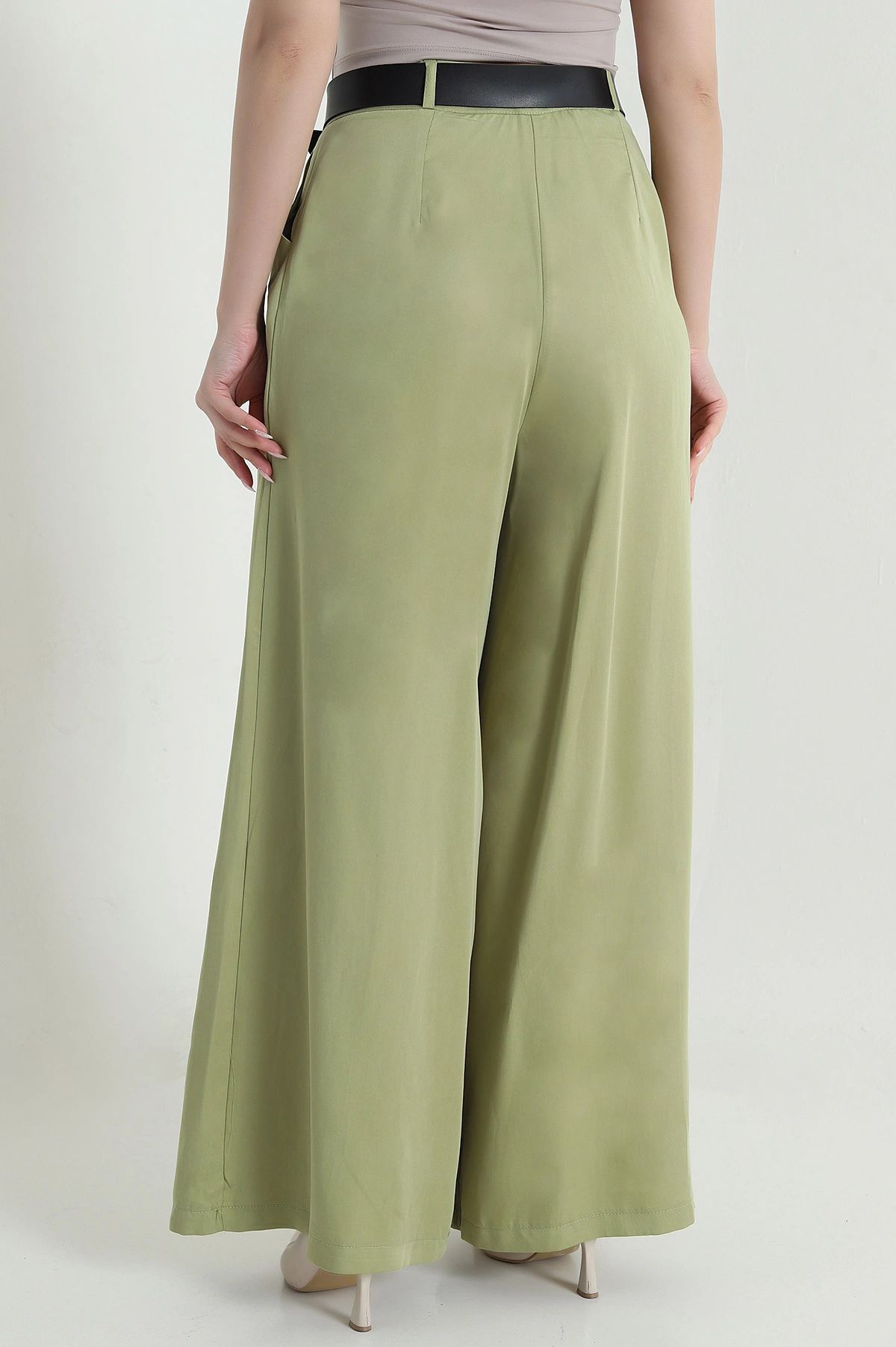 Fıstık Yeşili Pileli Cepli Bol Paça Tencel Kadın Pantolon 459093