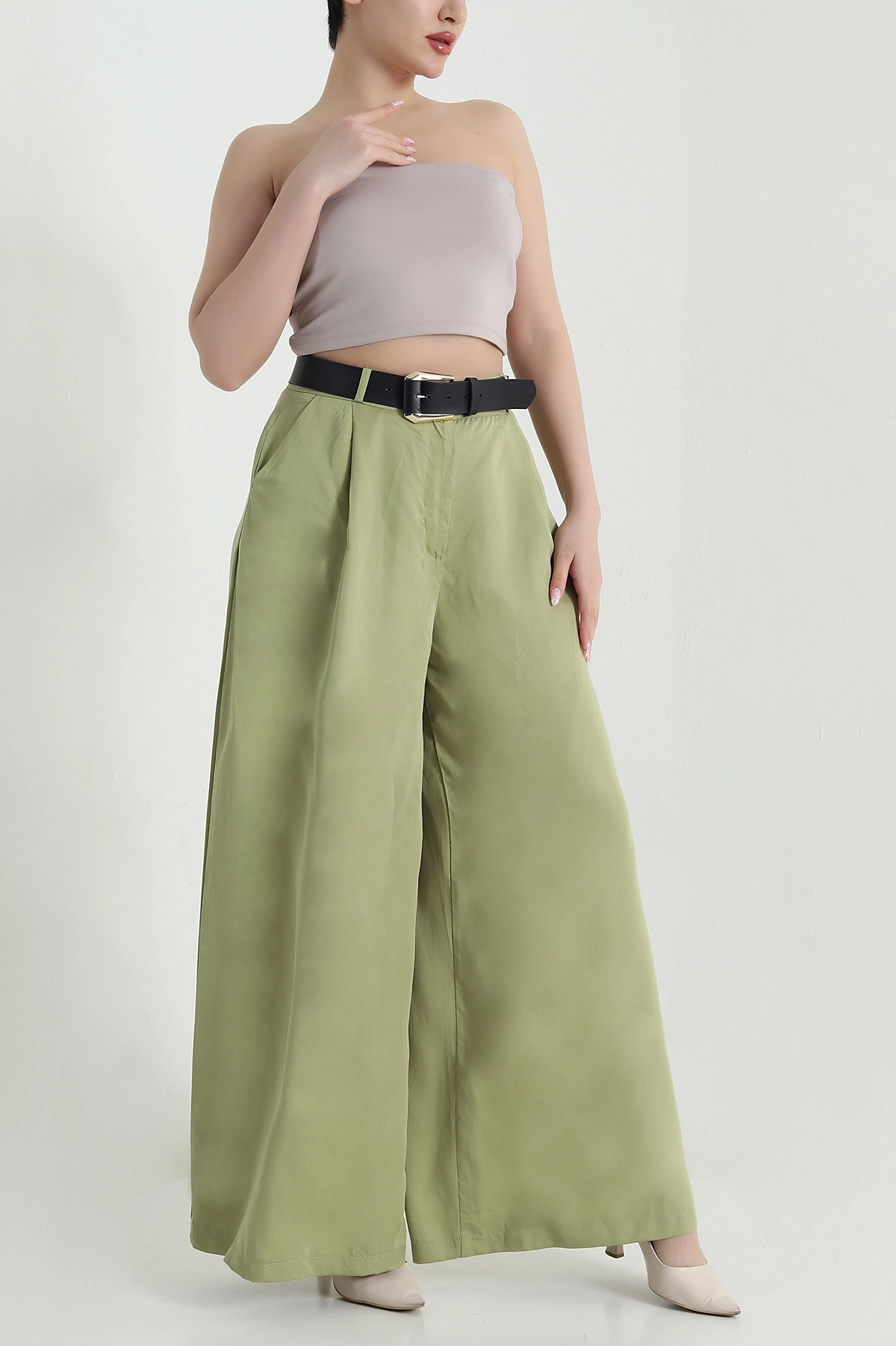 Fıstık Yeşili Pileli Cepli Bol Paça Tencel Kadın Pantolon 459093
