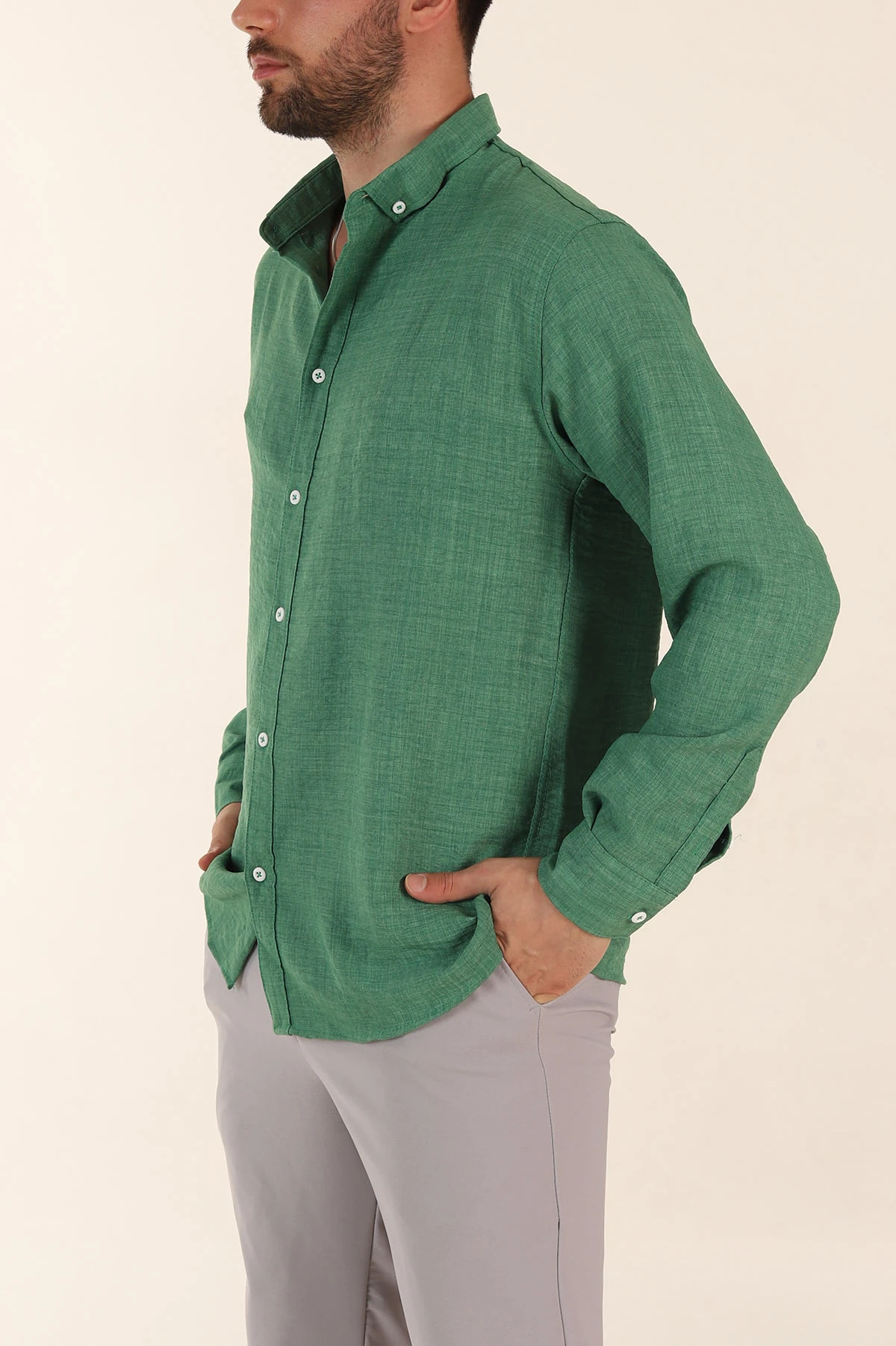 Fıstık Yeşili Regular Fit Ata Yaka Uzun Kollu Erkek Gömlek 369866
