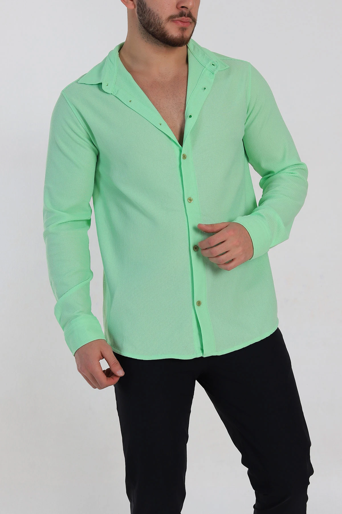Fıstık Yeşili Slim Fit Petek Dokulu Uzun Kollu Erkek Gömlek 325208