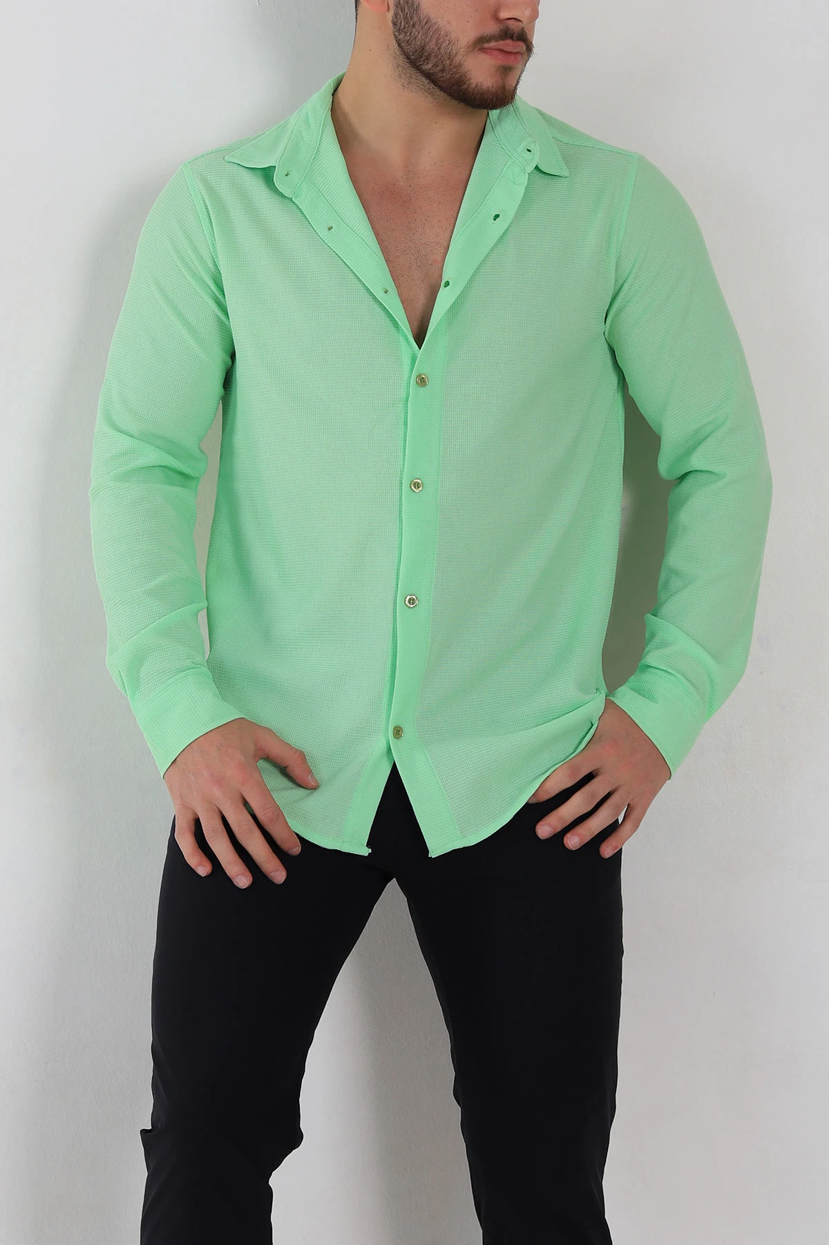 Fıstık Yeşili Slim Fit Petek Dokulu Uzun Kollu Erkek Gömlek 325208