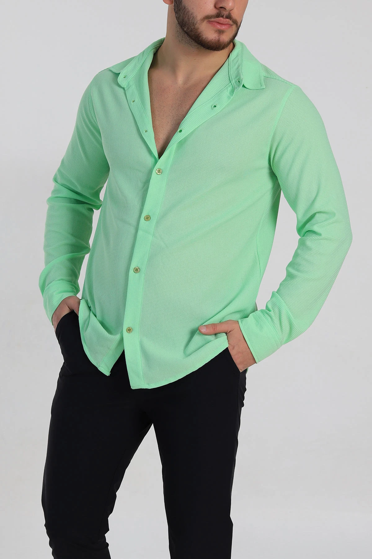 Fıstık Yeşili Slim Fit Petek Dokulu Uzun Kollu Erkek Gömlek 325208