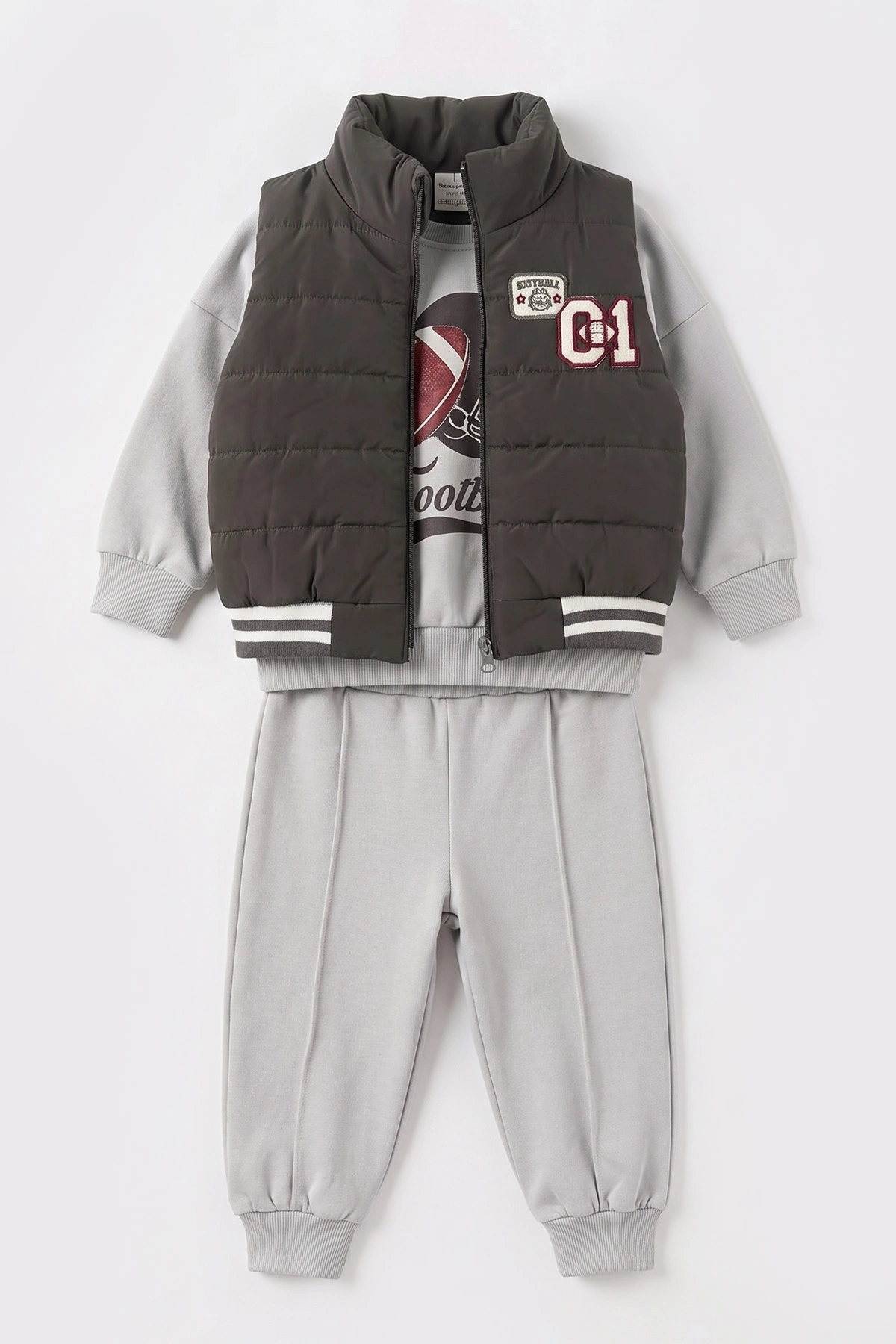Füme (1-4 Yaş)Football Baskılı Sweatli Şişme Yelekli 2 İp Erkek Çocuk&Bebek 3'lü Takım 490199