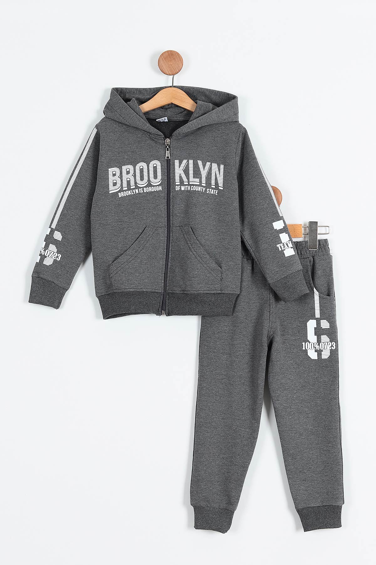 Füme (10-13 Yaş) Brooklyn Baskılı Fermuarlı Kapüşonlu İki İp Erkek Çocuk Takım 195462