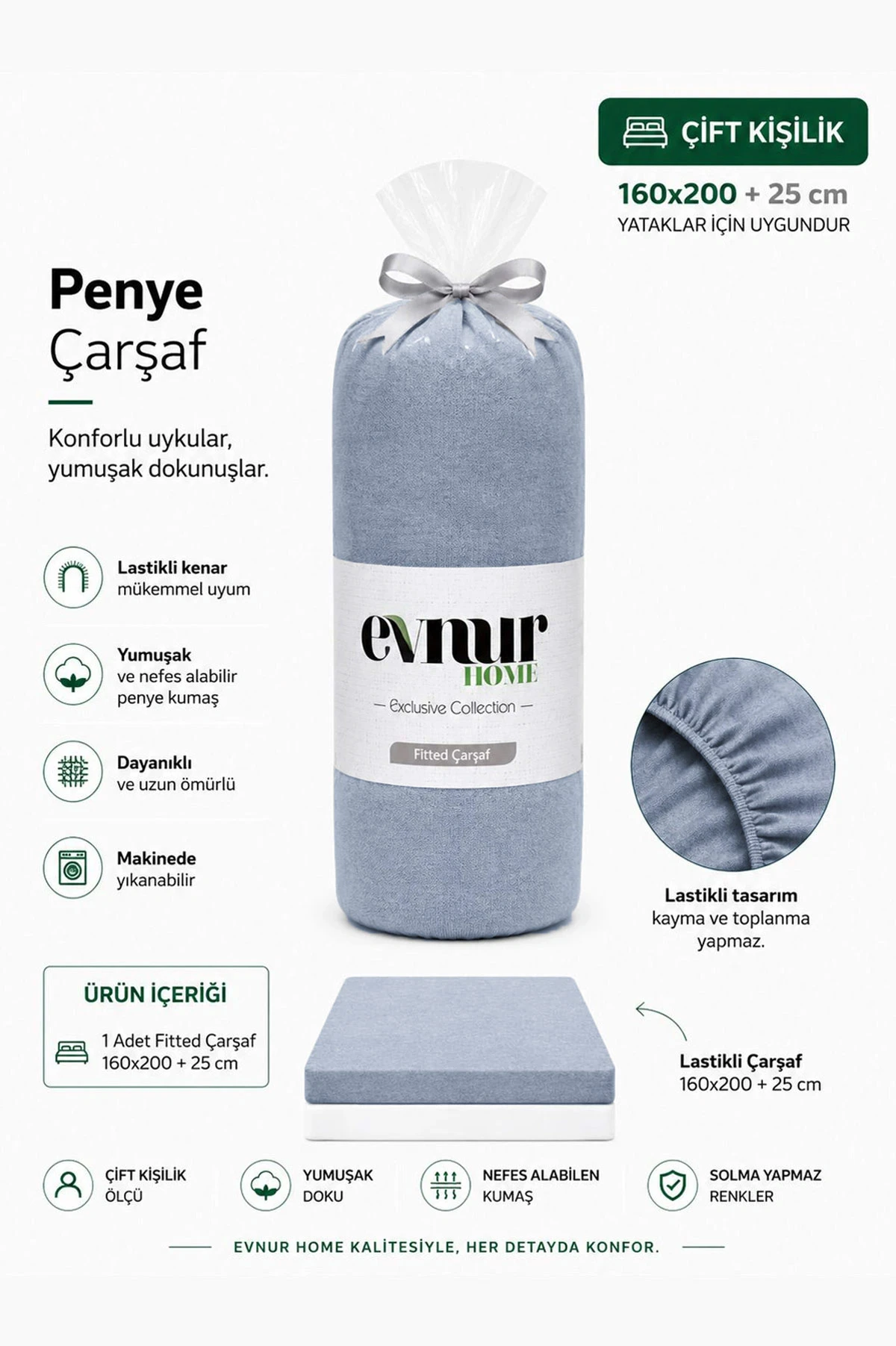Füme 160x200+25 Cm Evnur Home Penye Çift Kişilik Fitted (Lastikli) Çarşaf 467371