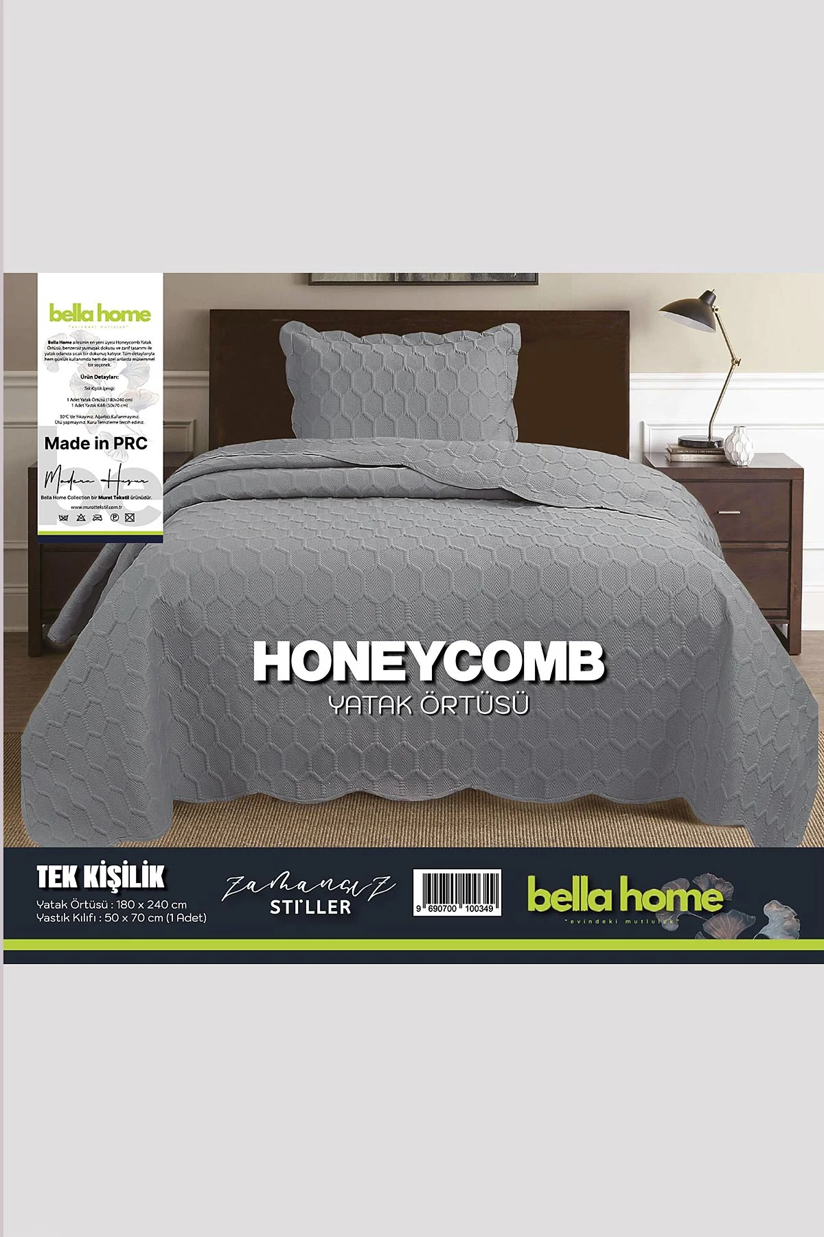 Füme 180x240 Cm Bella Home Tek Kişilik Honeycomb 3D Yatak Örtüsü 395088