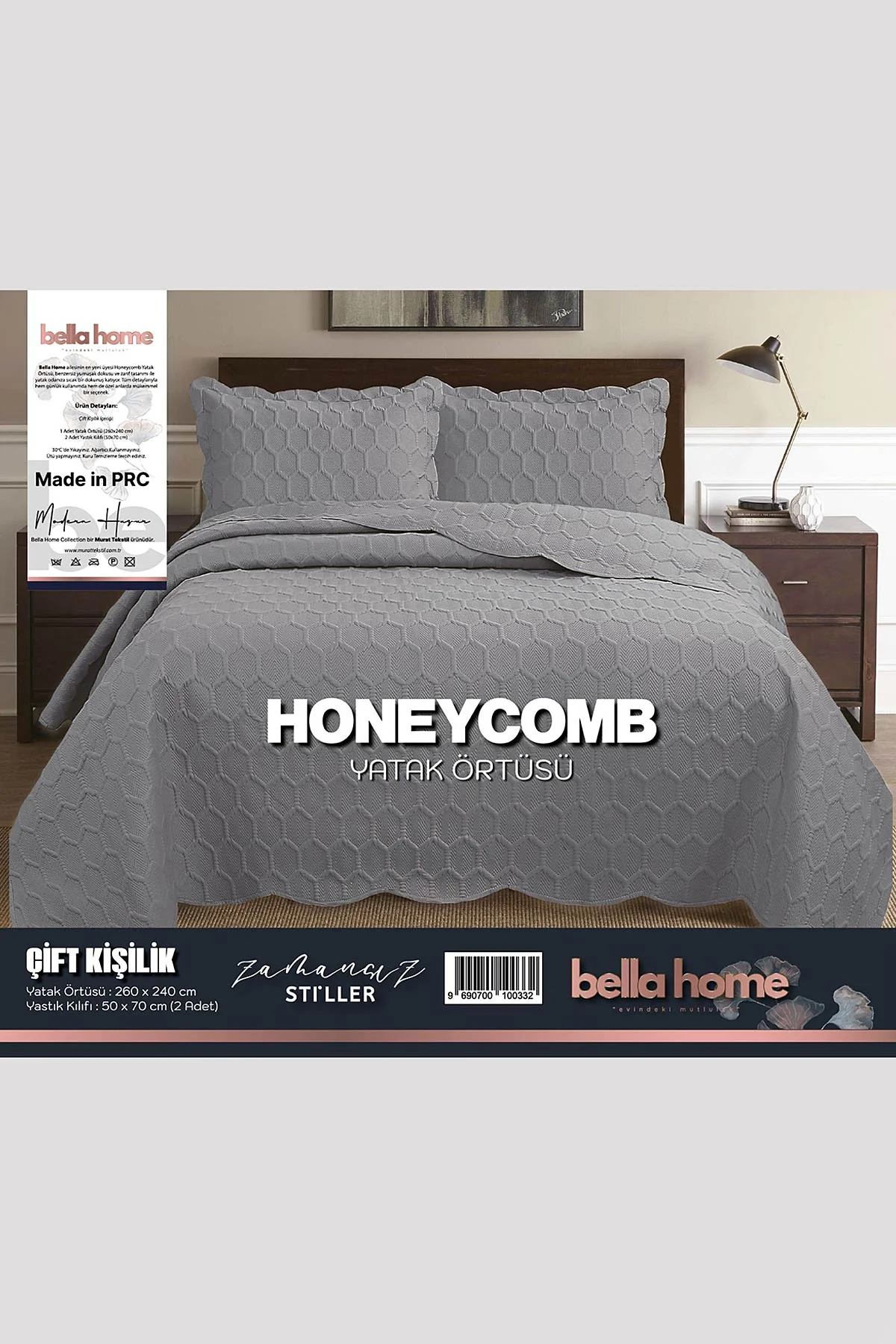 Füme 260x240 Cm Bella Home Çift Kişilik Honeycomb 3D Yatak Örtüsü 395114