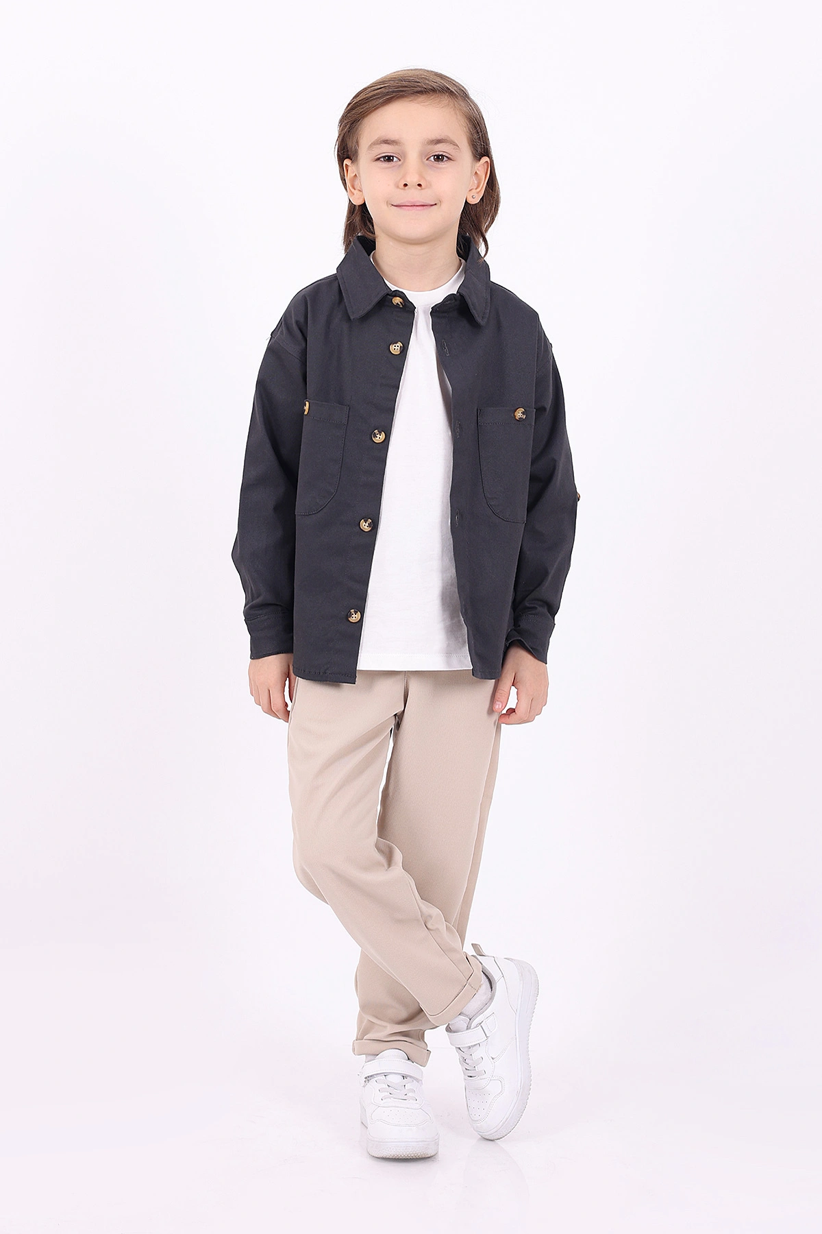 Füme (5-14 Yaş) Çift Cepli Oversize Kalıp Erkek Çocuk Gabardin Gömlek 323439