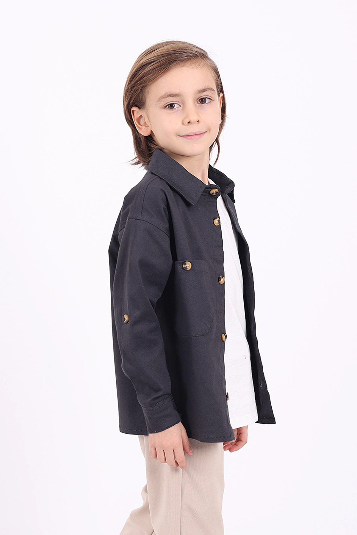 Füme (5-14 Yaş) Çift Cepli Oversize Kalıp Erkek Çocuk Gabardin Gömlek 323439