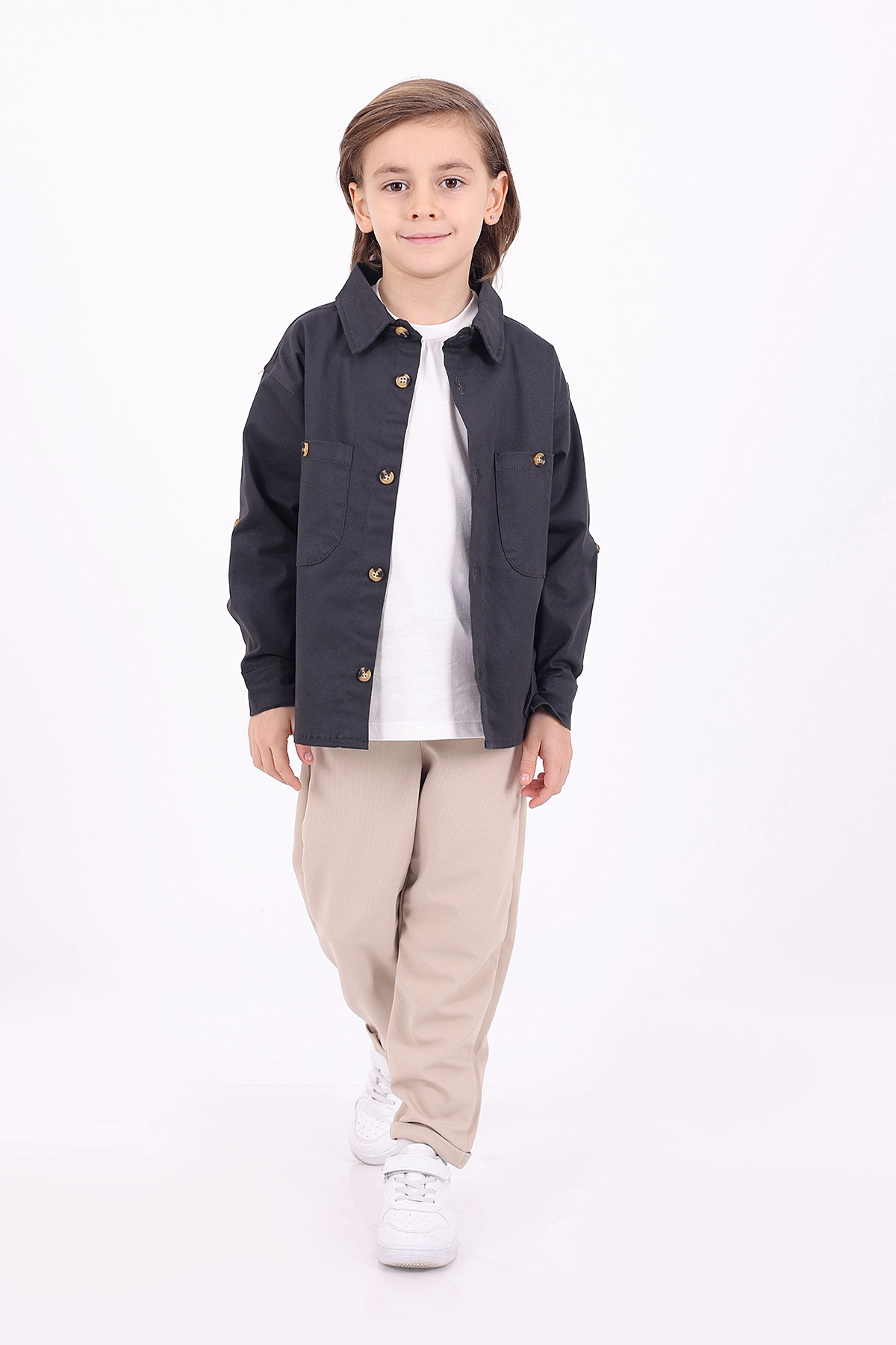 Füme (5-14 Yaş) Çift Cepli Oversize Kalıp Erkek Çocuk Gabardin Gömlek 323439