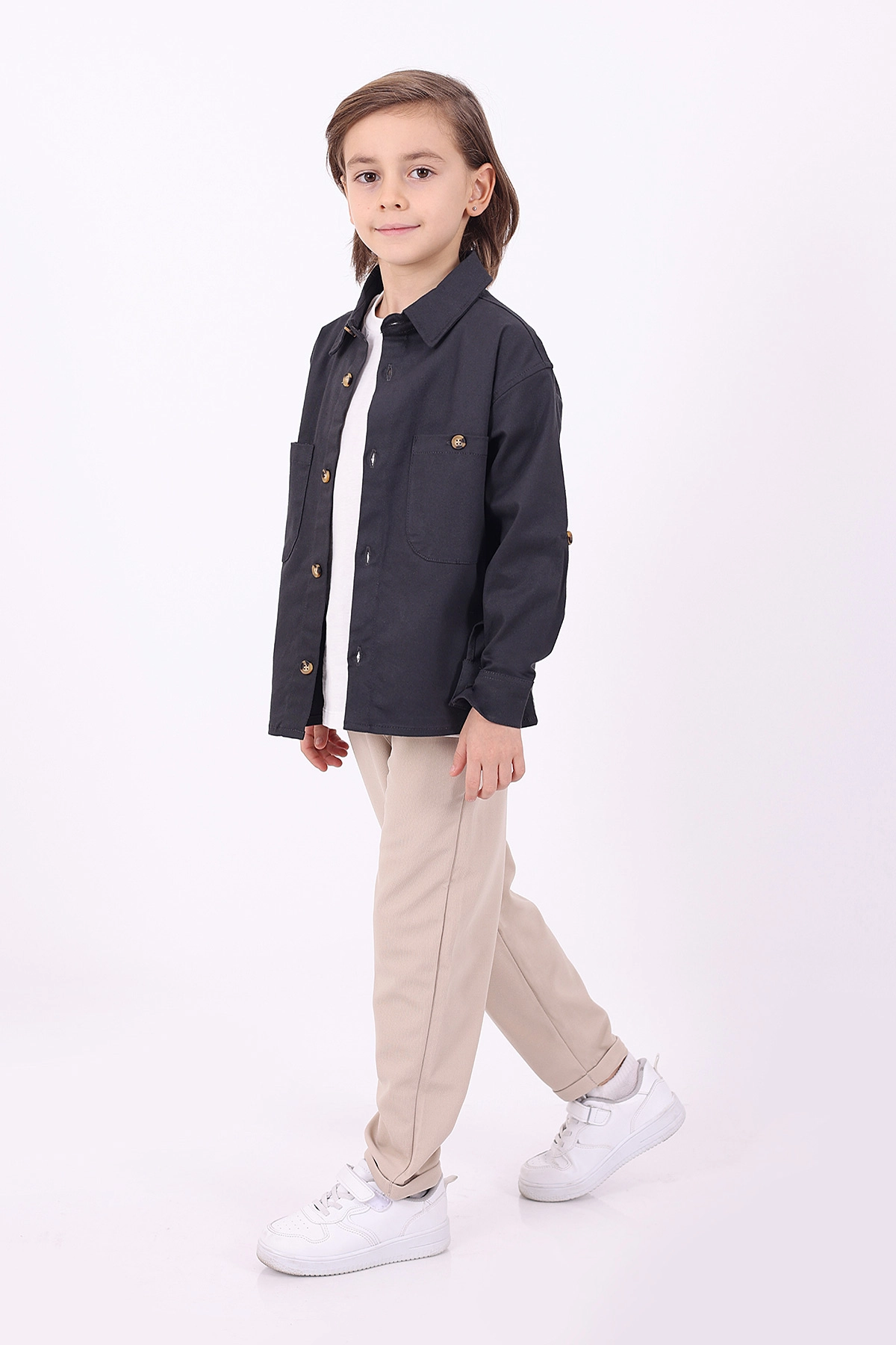 Füme (5-14 Yaş) Çift Cepli Oversize Kalıp Erkek Çocuk Gabardin Gömlek 323439
