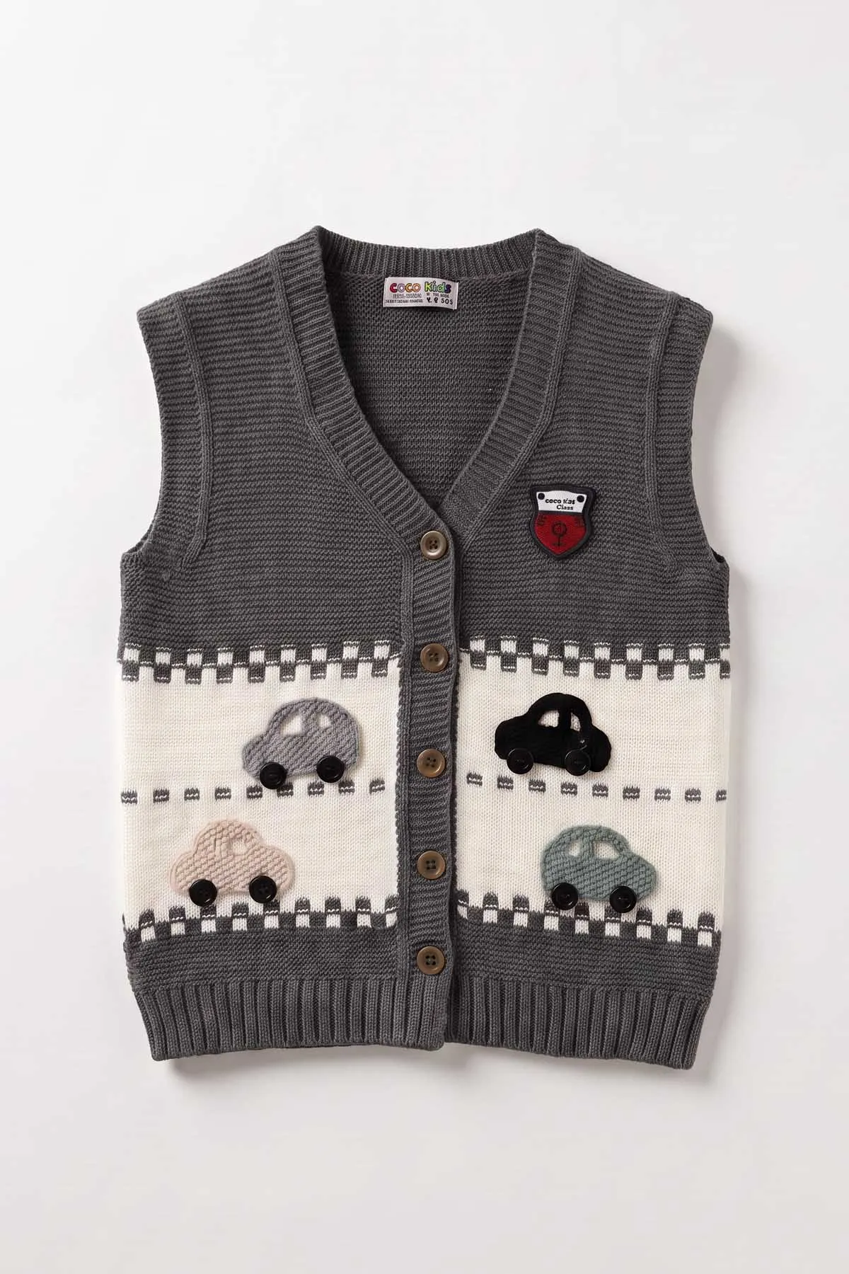 Füme (5-8 Yaş) Araba Motifli  Erkek Çocuk Triko Yelek 474212