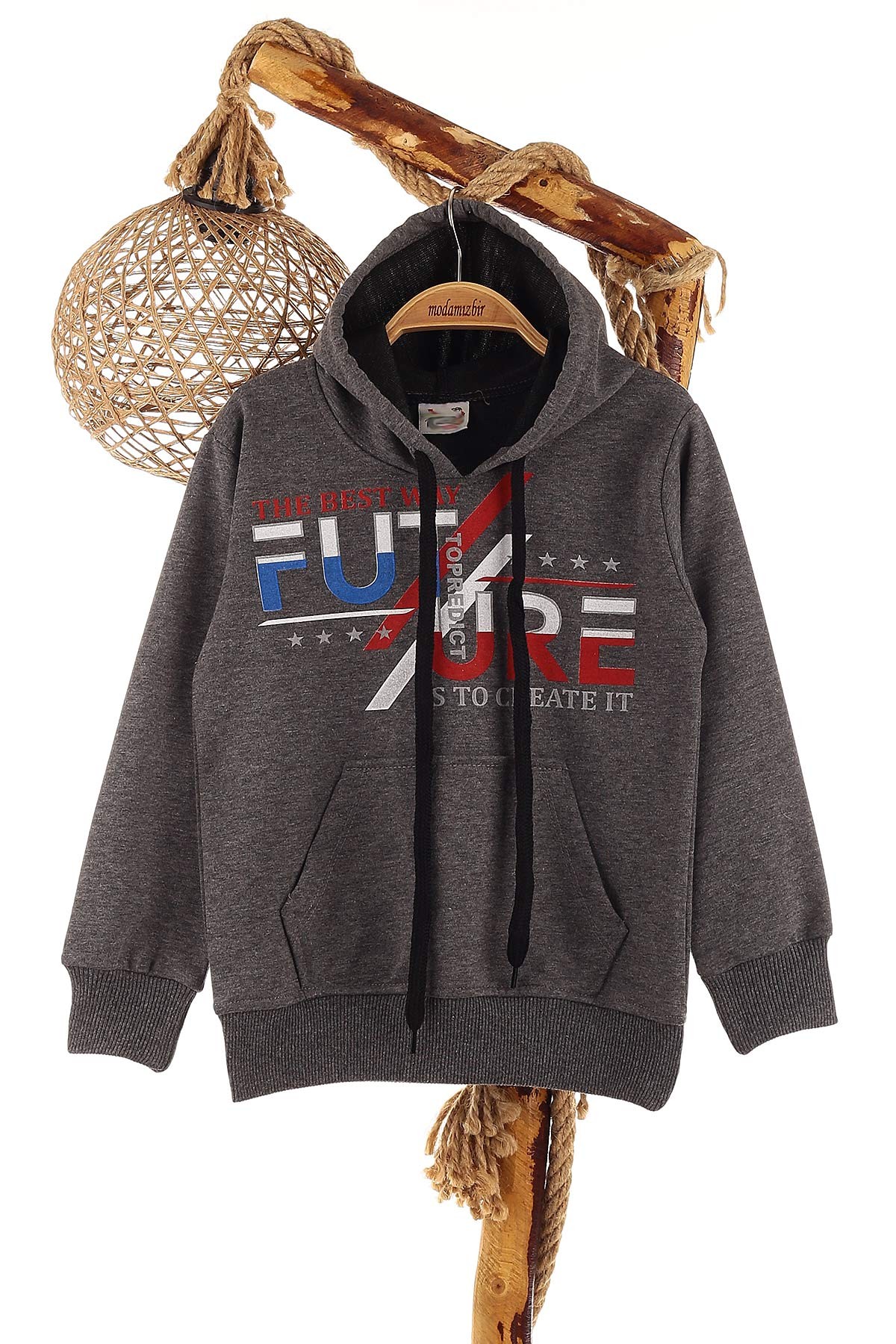 Füme (5-8 Yaş) Future Baskılı Kapüşonlu Erkek Çocuk Sweat 152712