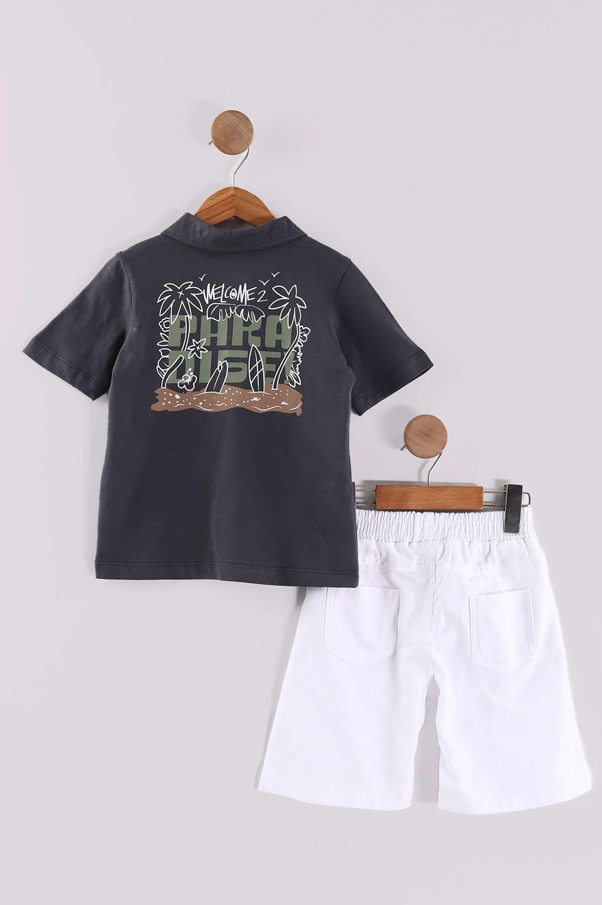 Füme (7-11 Yaş) Surf Tribe Baskılı Gömlek Yaka Tişörtlü   Gabardin  Şortlu Erkek Çocuk Yazlık Takım 441760