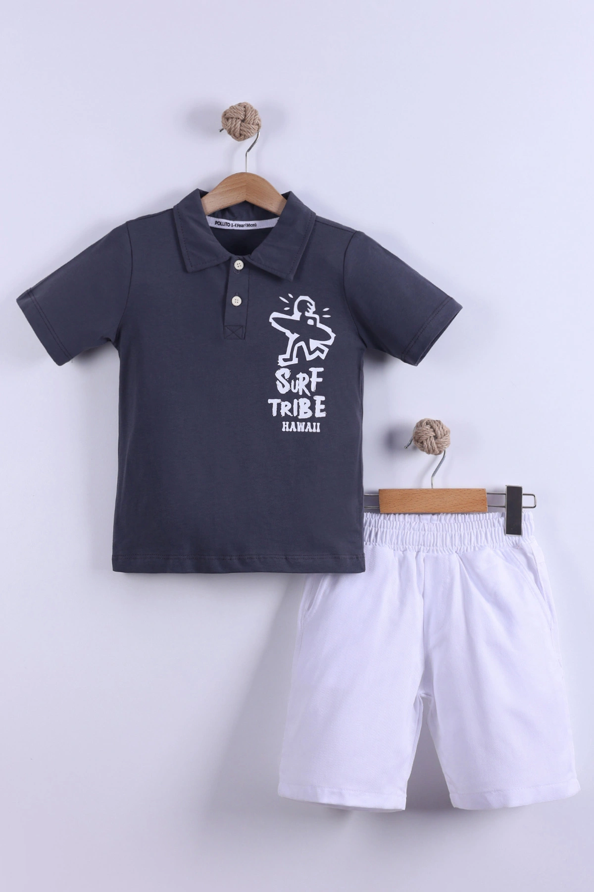Füme (7-11 Yaş) Surf Tribe Baskılı Gömlek Yaka Tişörtlü   Gabardin  Şortlu Erkek Çocuk Yazlık Takım 441760