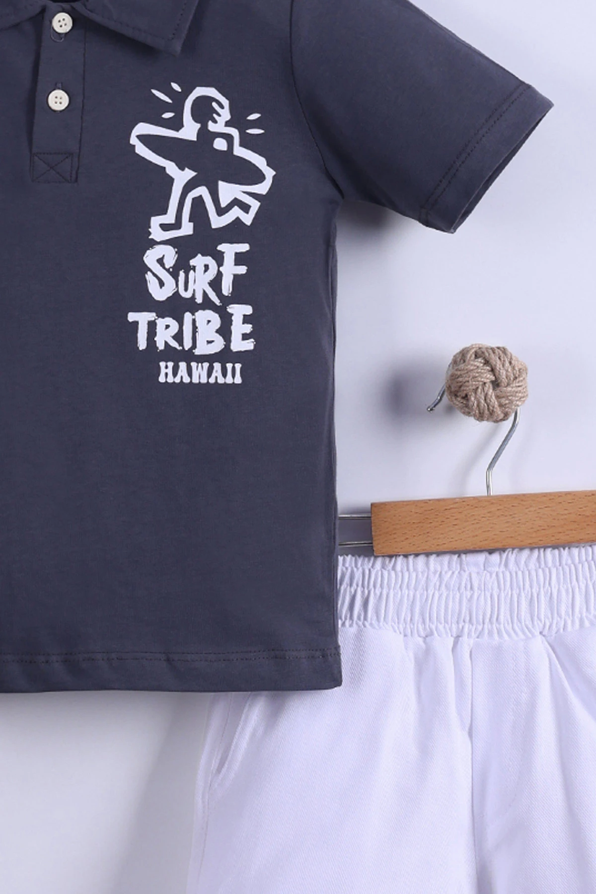 Füme (7-11 Yaş) Surf Tribe Baskılı Gömlek Yaka Tişörtlü   Gabardin  Şortlu Erkek Çocuk Yazlık Takım 441760