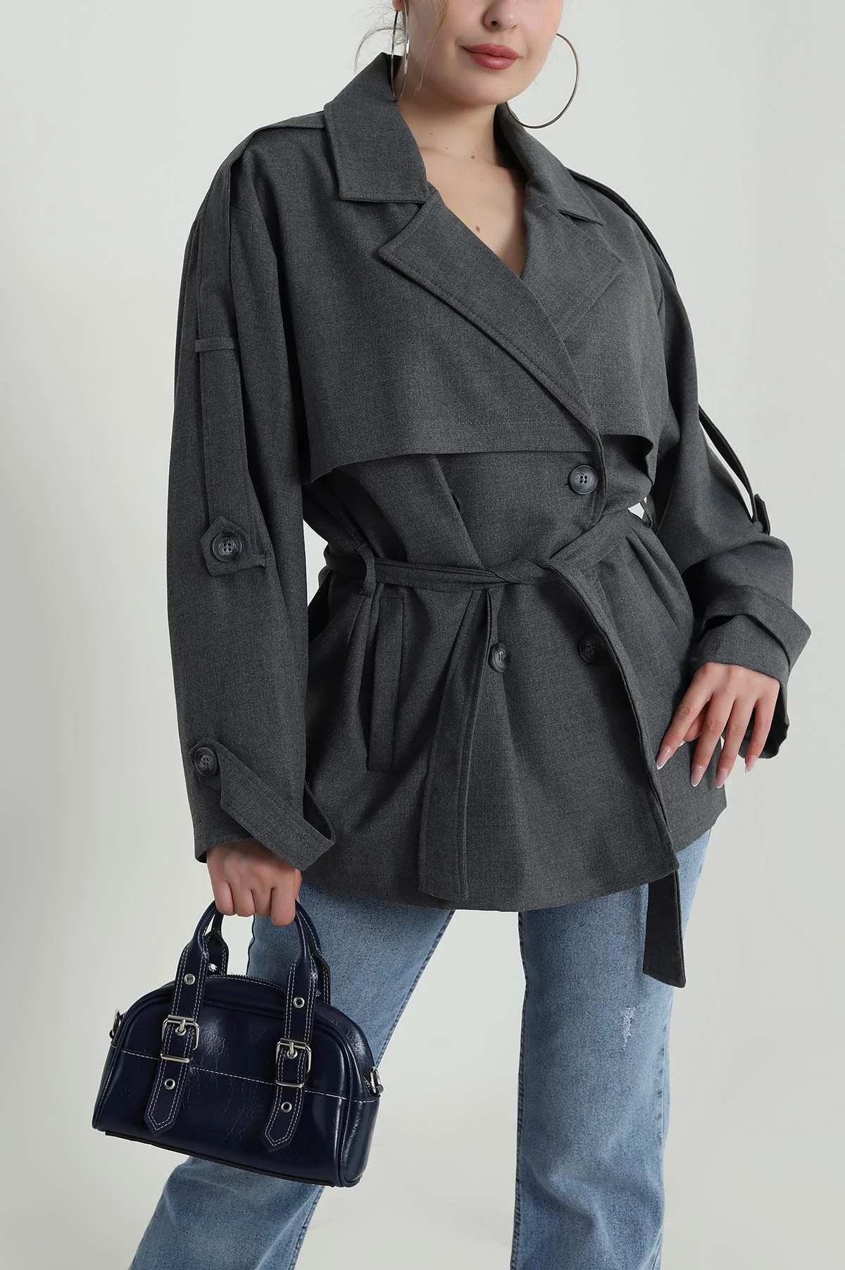 Füme Apolet Detay Oversize Bezayağı Kadın Trenç 485779