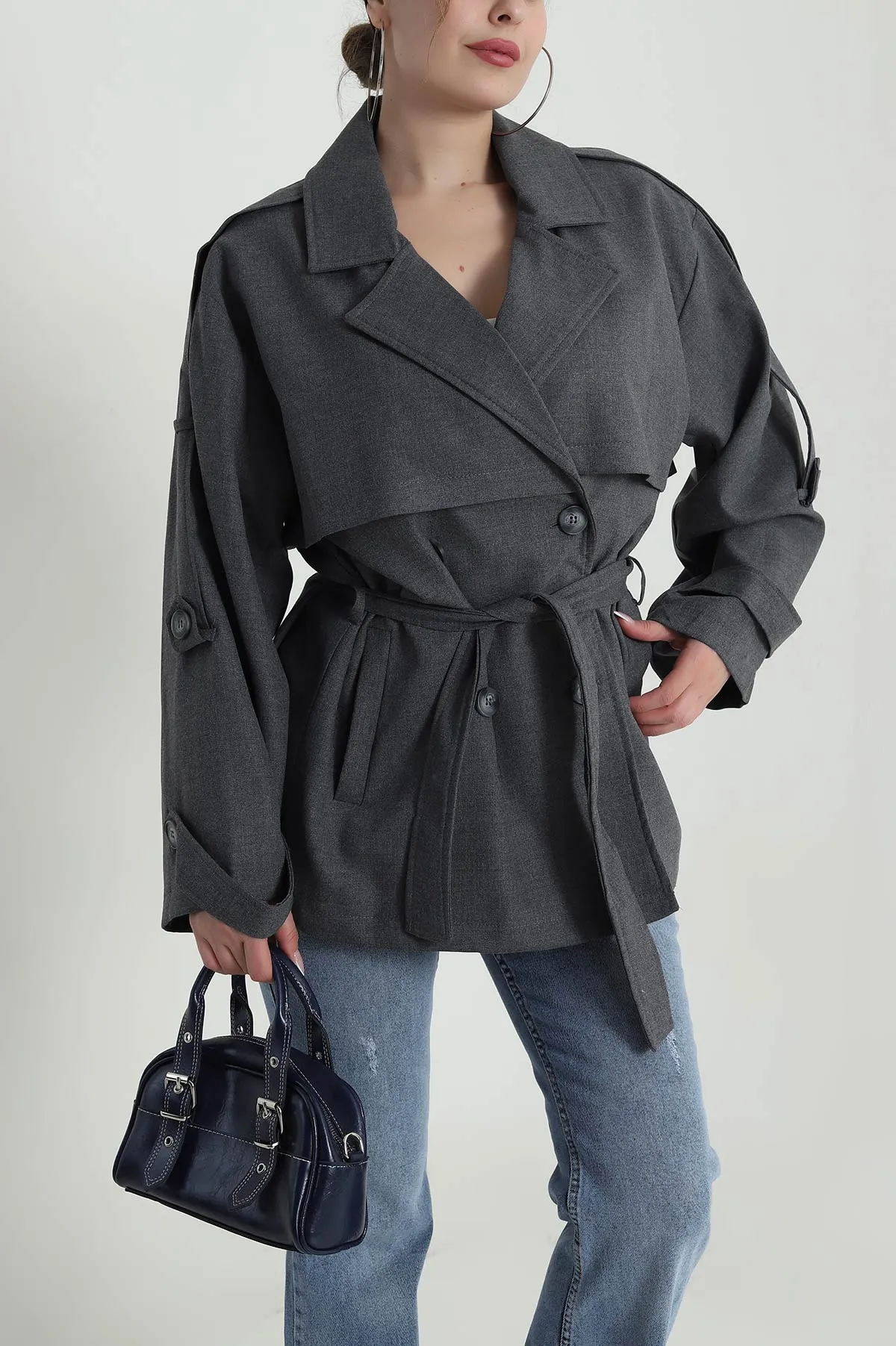 Füme Apolet Detay Oversize Bezayağı Kadın Trenç 485779