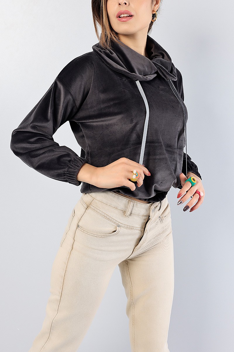Füme Astronot Yaka Bayan Kadife Sweat 81288
