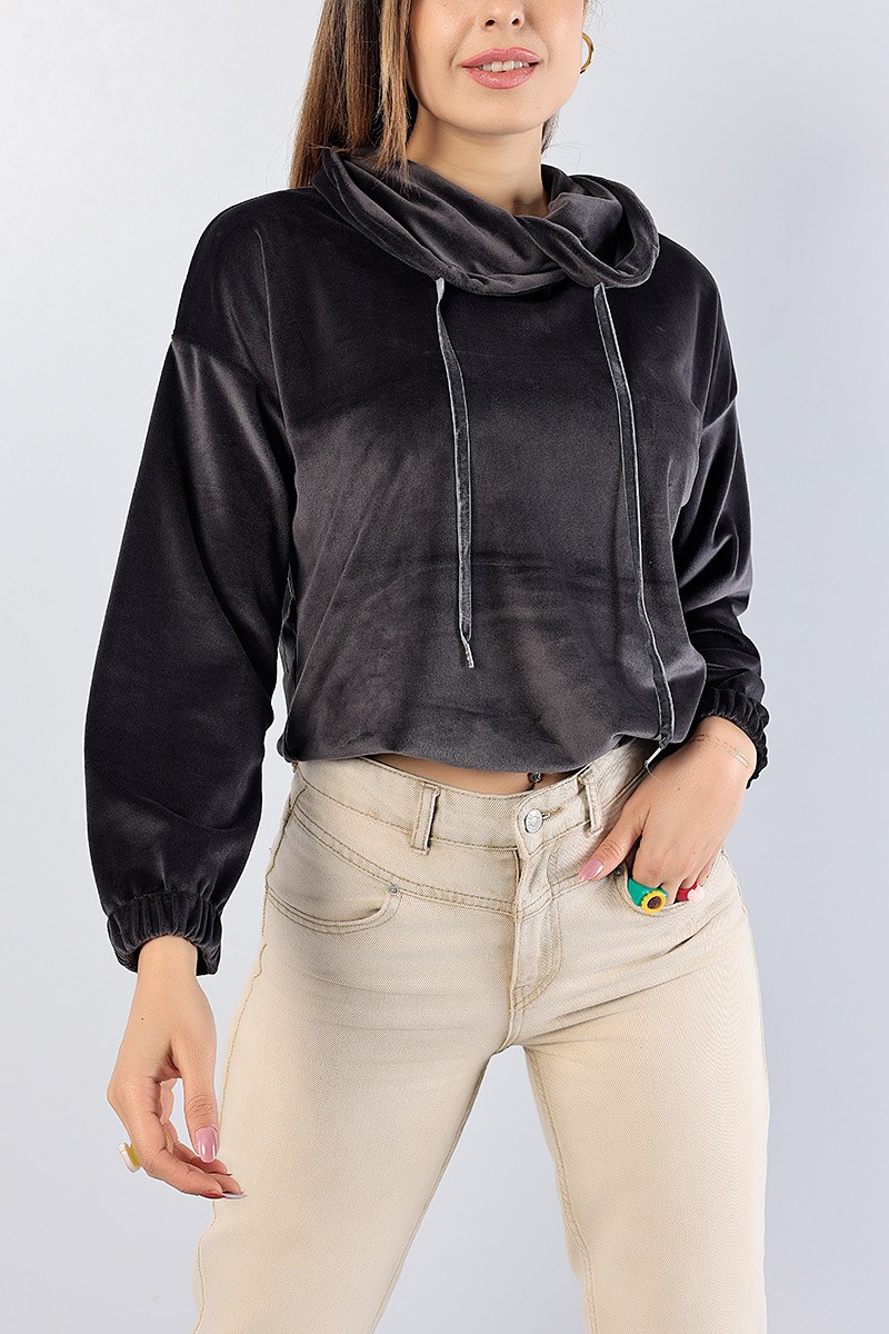 Füme Astronot Yaka Bayan Kadife Sweat 81288