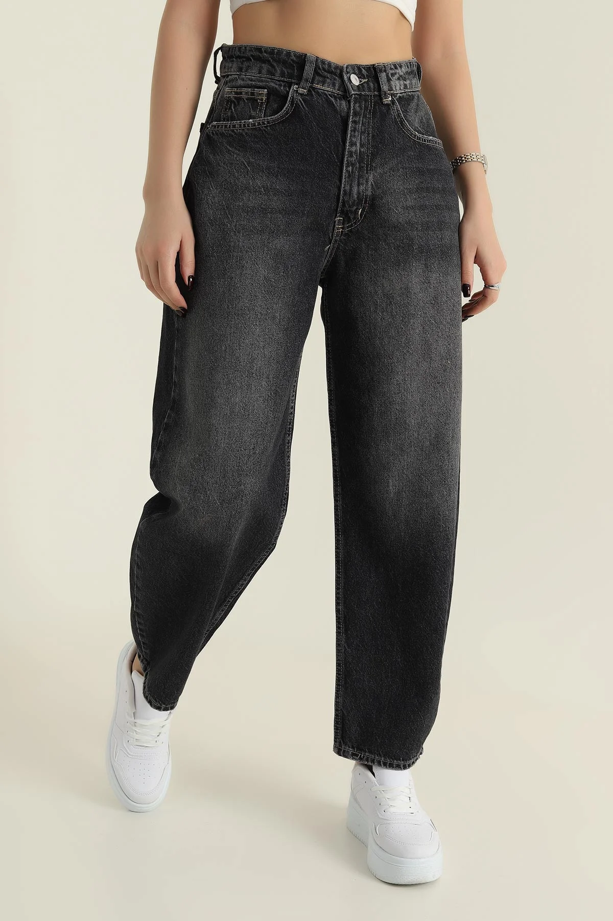 Füme Baggy Fit Barrel Kadın Kot Pantolon 423762