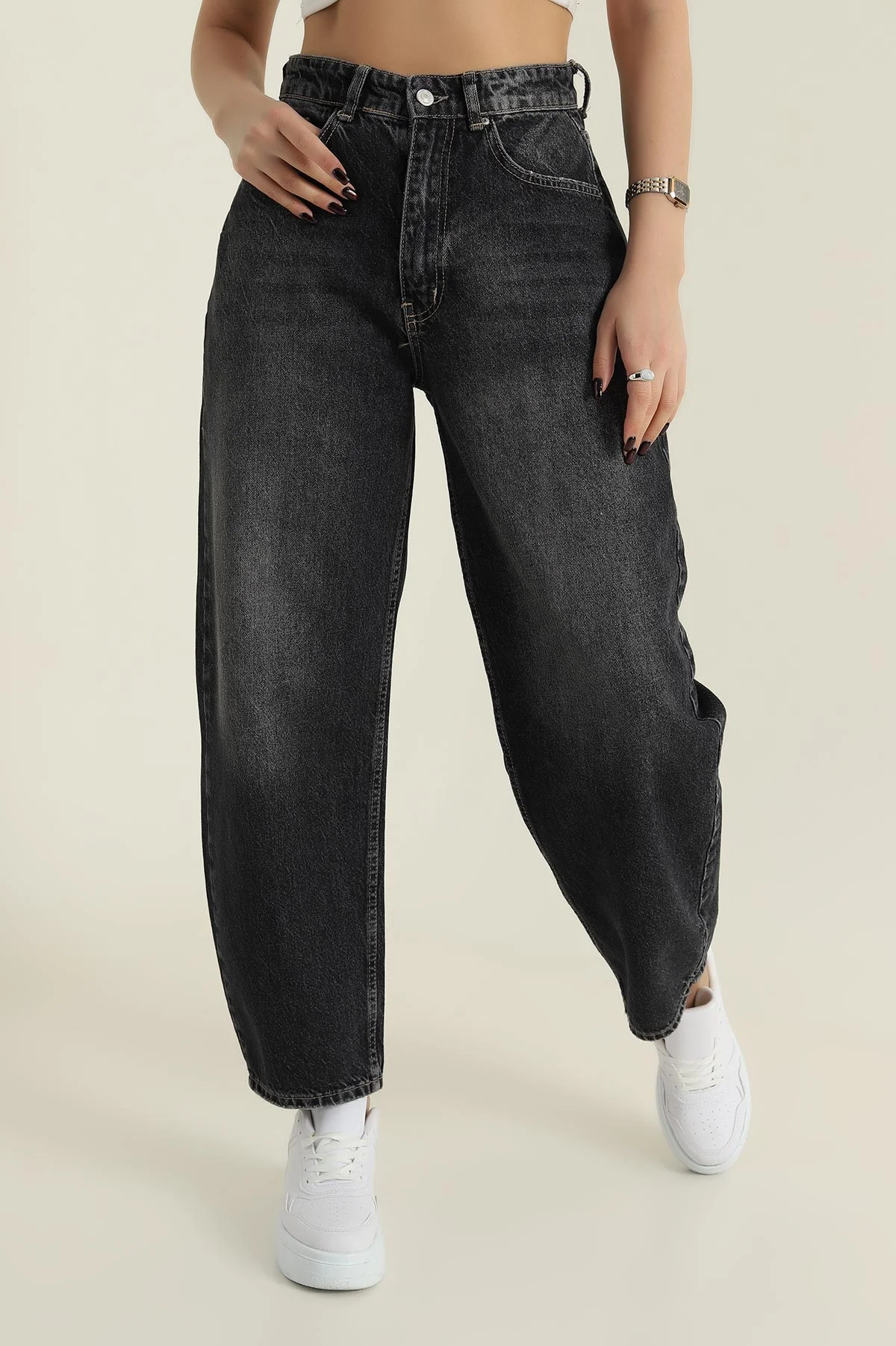 Füme Baggy Fit Barrel Kadın Kot Pantolon 423762
