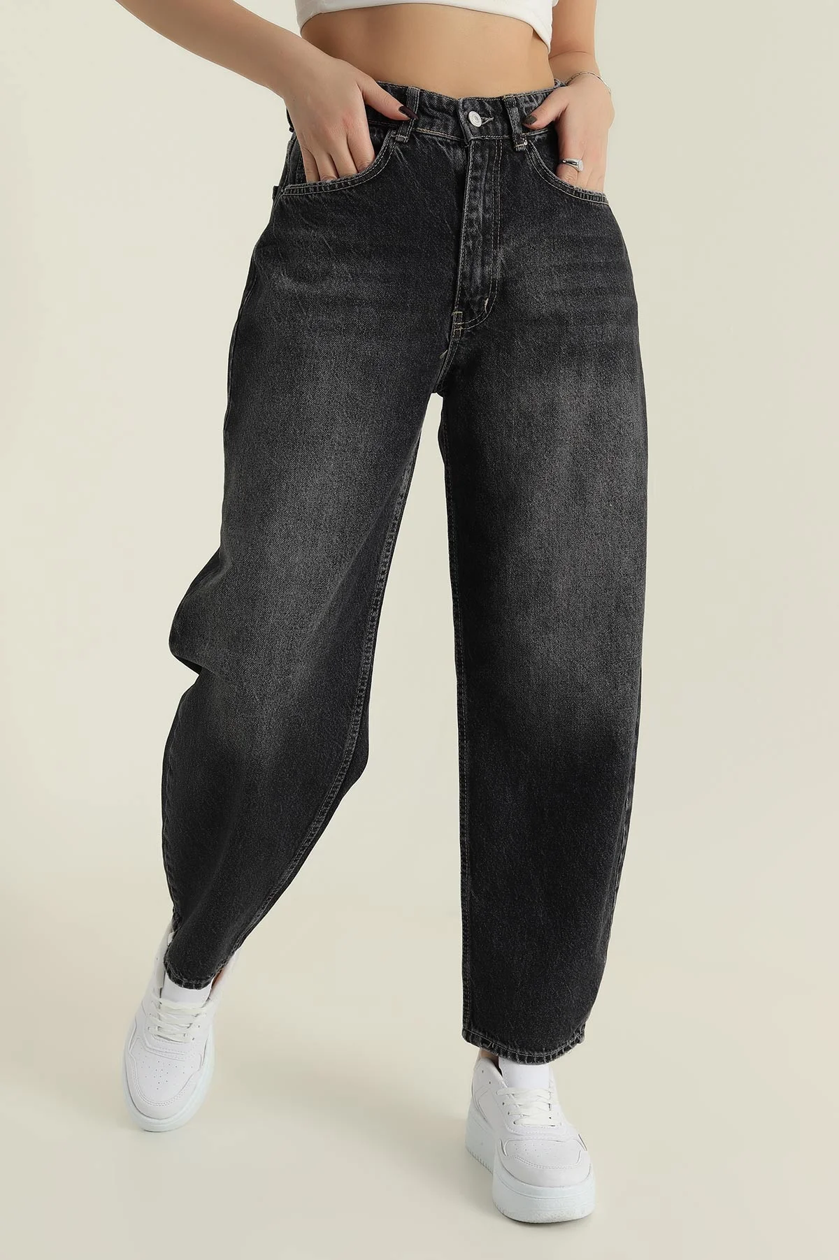 Füme Baggy Fit Barrel Kadın Kot Pantolon 423762