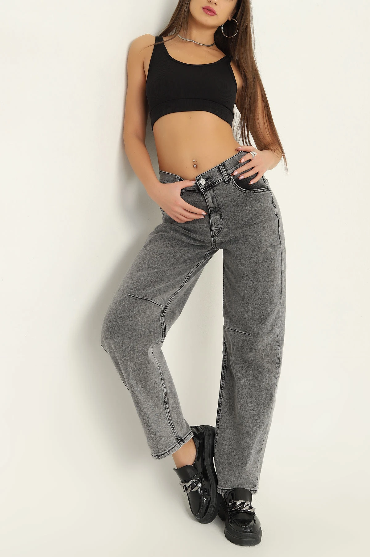 Füme Baggy Likralı Bayan Kot Pantolon 306876