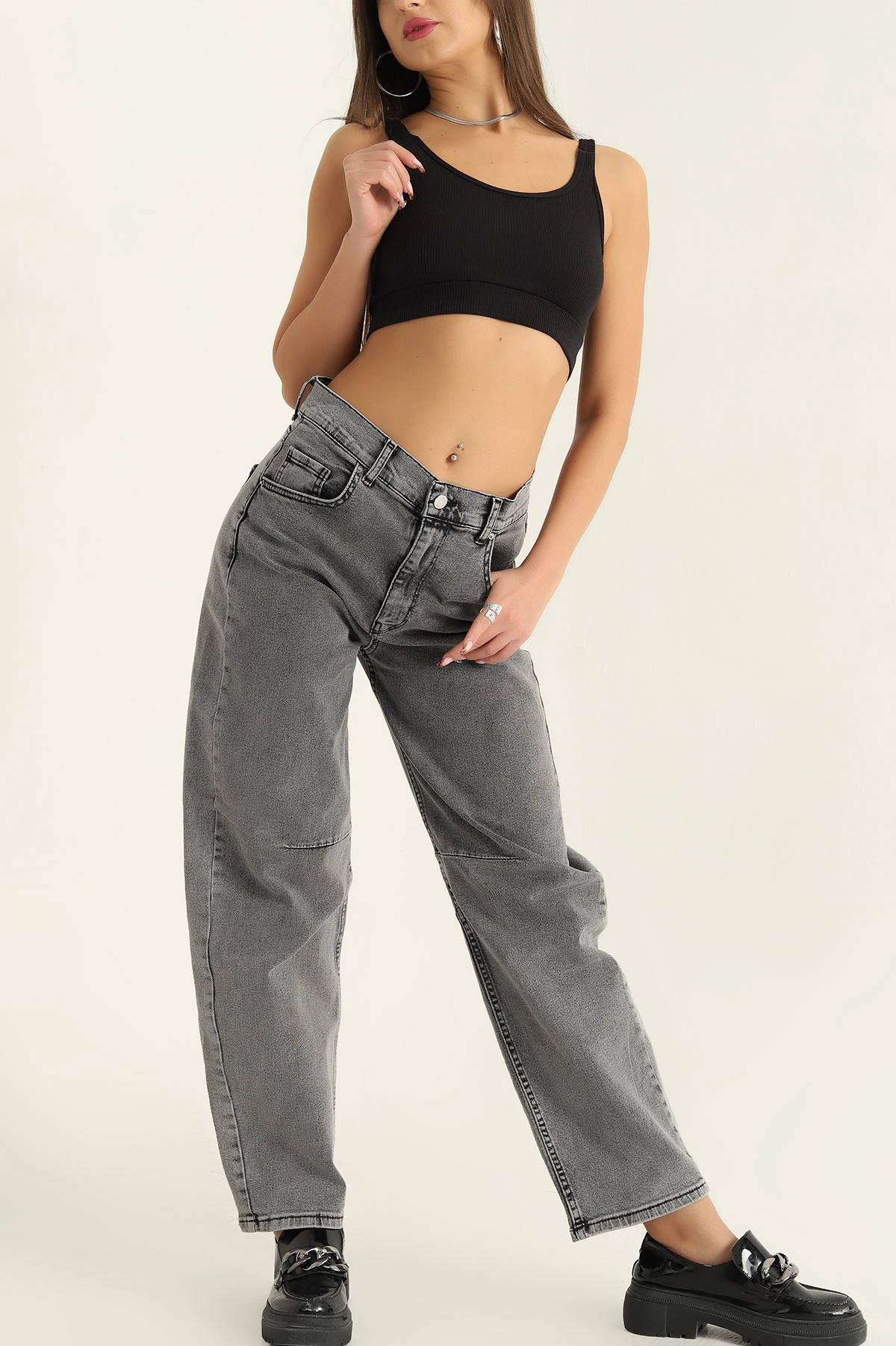 Füme Baggy Likralı Bayan Kot Pantolon 306876