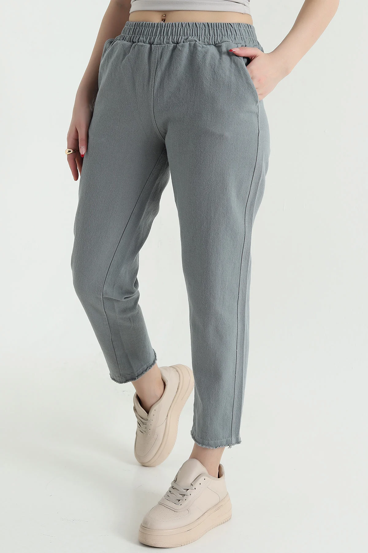 Füme Bel Lastikli Cep Detay Gabardin Kadın Pantolon 440780