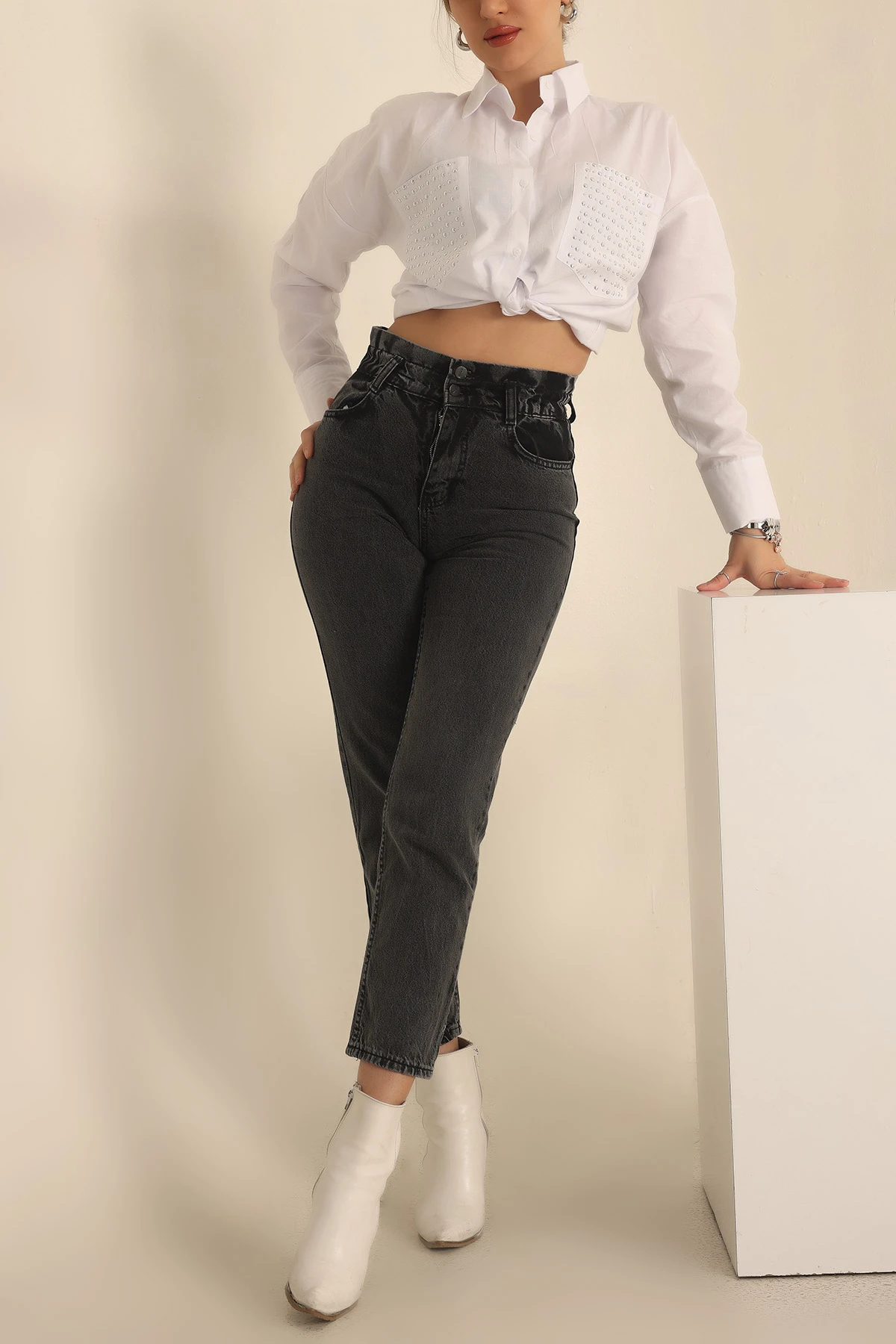 Füme Beli Lastikli Mom Bayan Kot Pantolon 232467