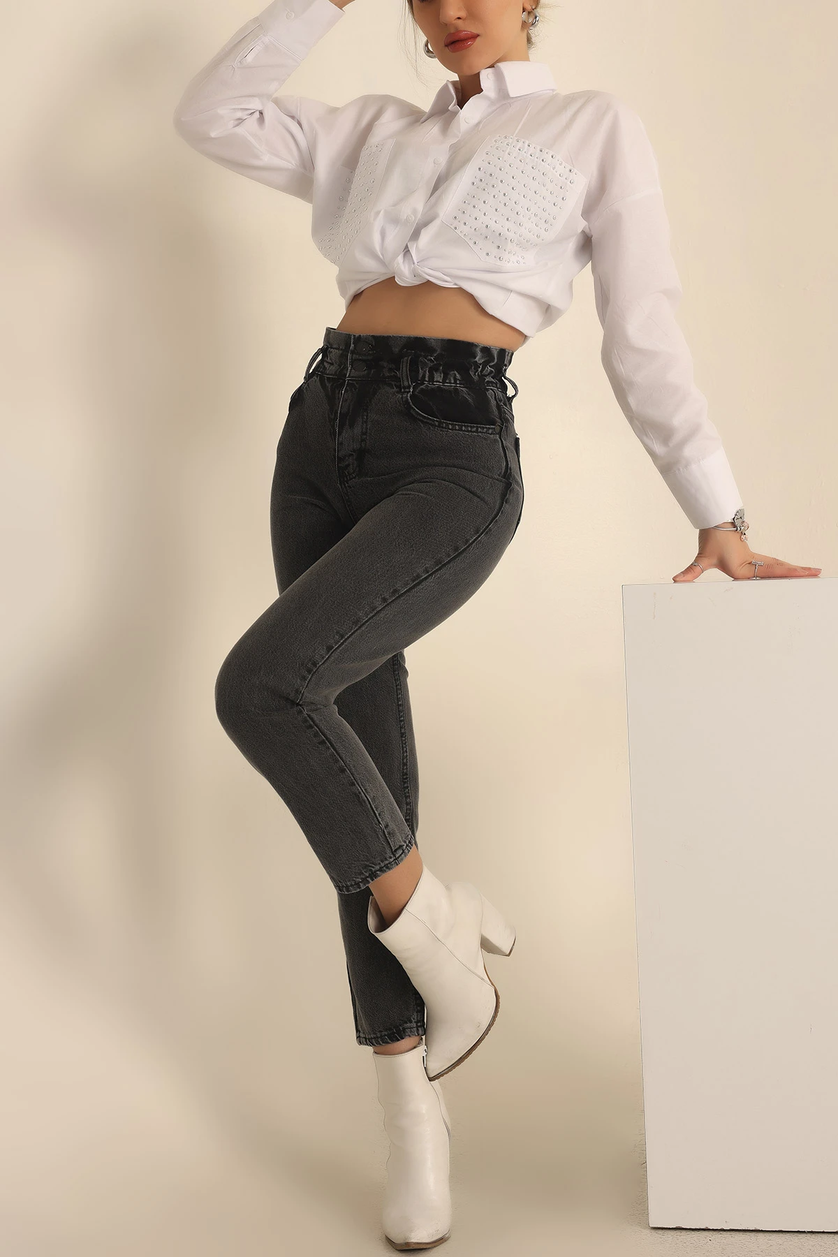 Füme Beli Lastikli Mom Bayan Kot Pantolon 232467
