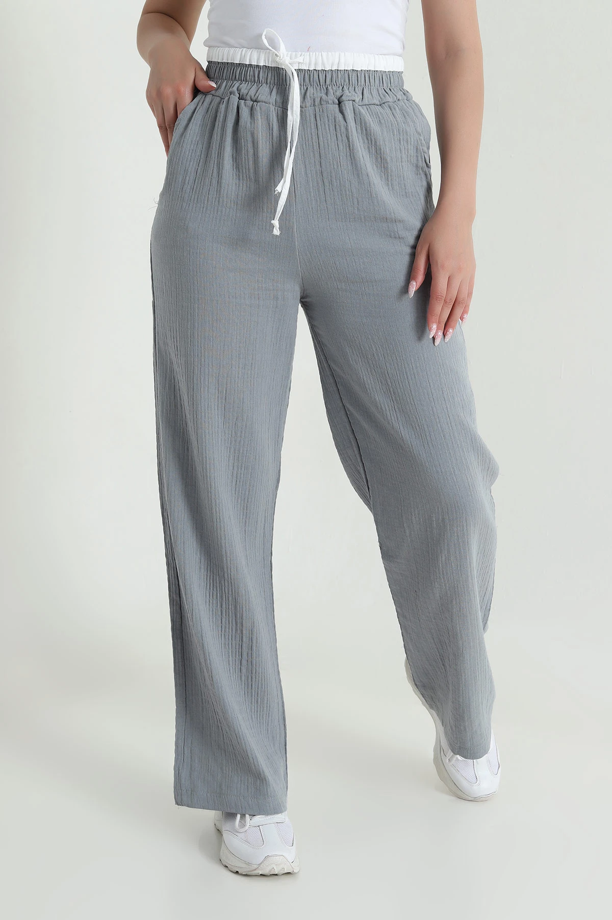 Füme Beli Lastikli Müslin Keten Kadın Pantolon 463636