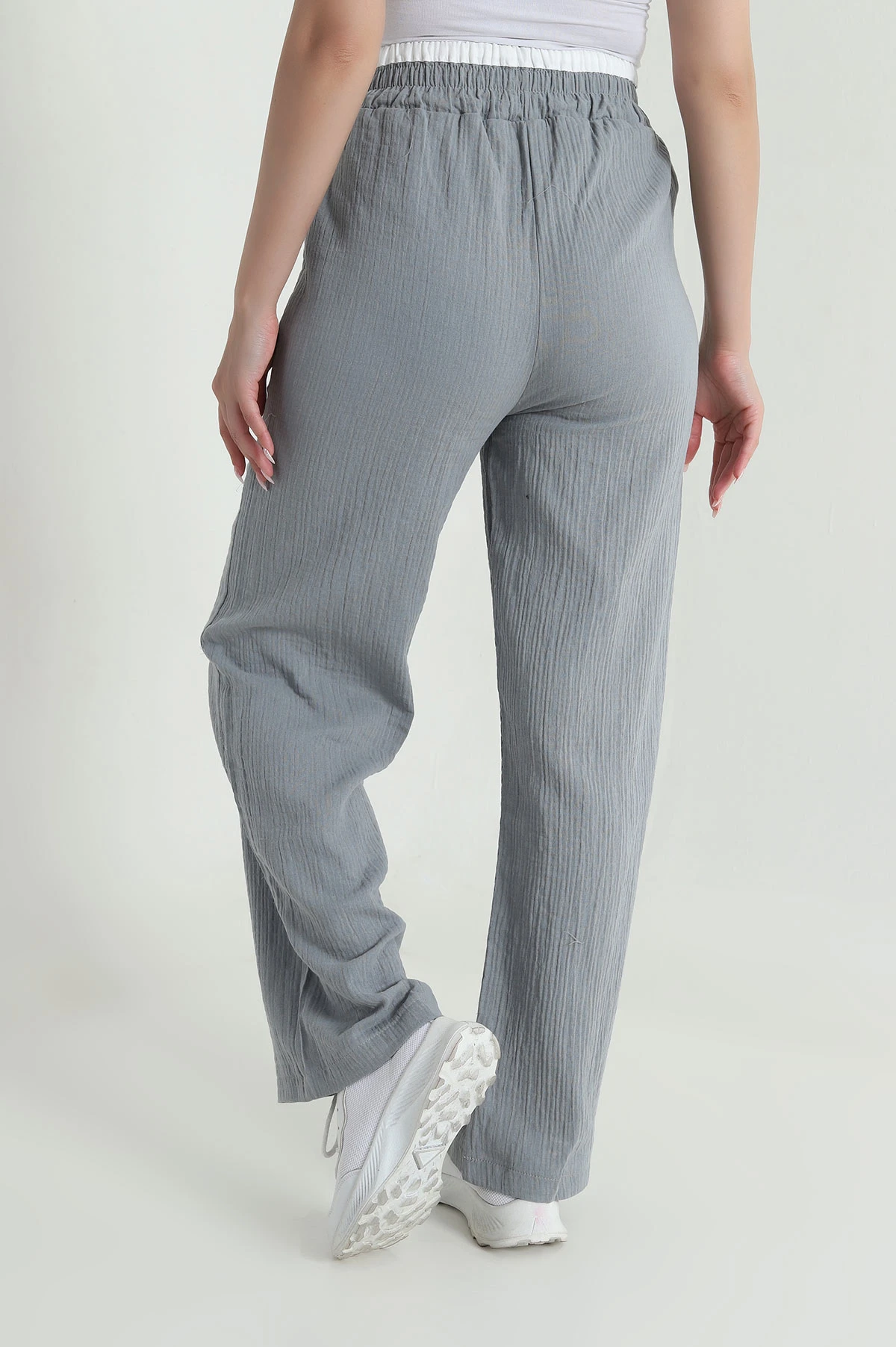 Füme Beli Lastikli Müslin Keten Kadın Pantolon 463636