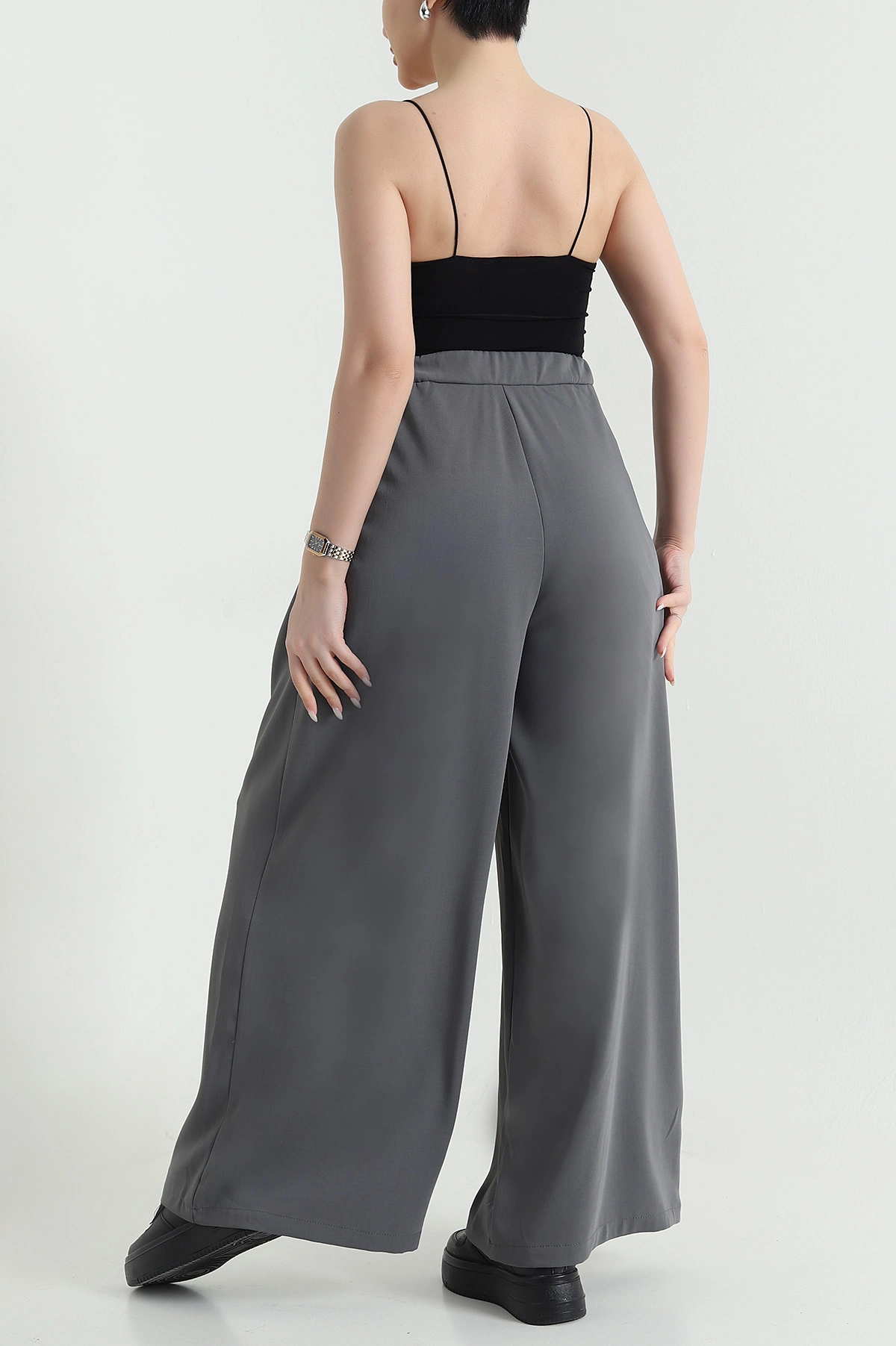 Füme Beli Lastikli Palazzo Kadın Poliviskon Pantolon 448562