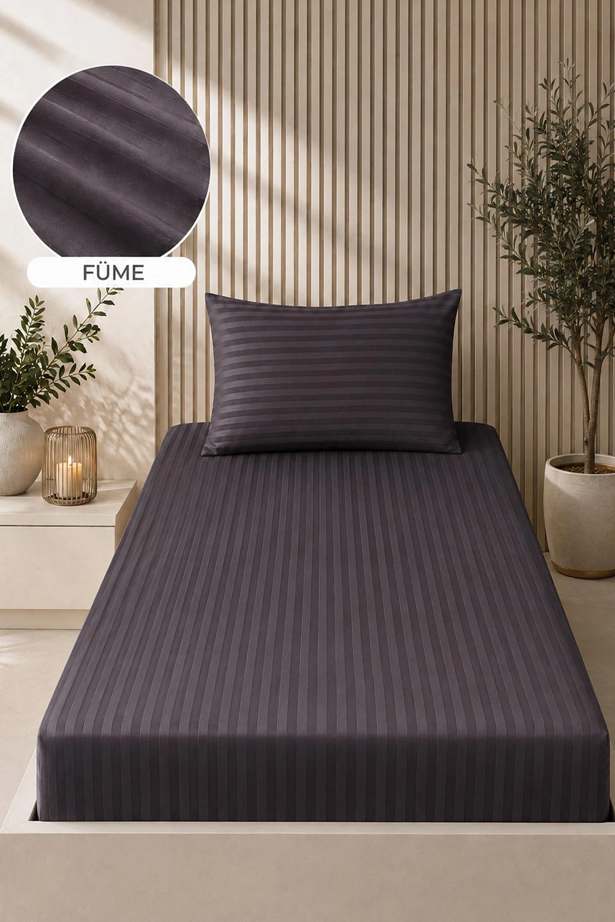 Füme Bella Home 100x200 Cm Tek Kişilik Çizgili Saten Çarşaf Seti 483001