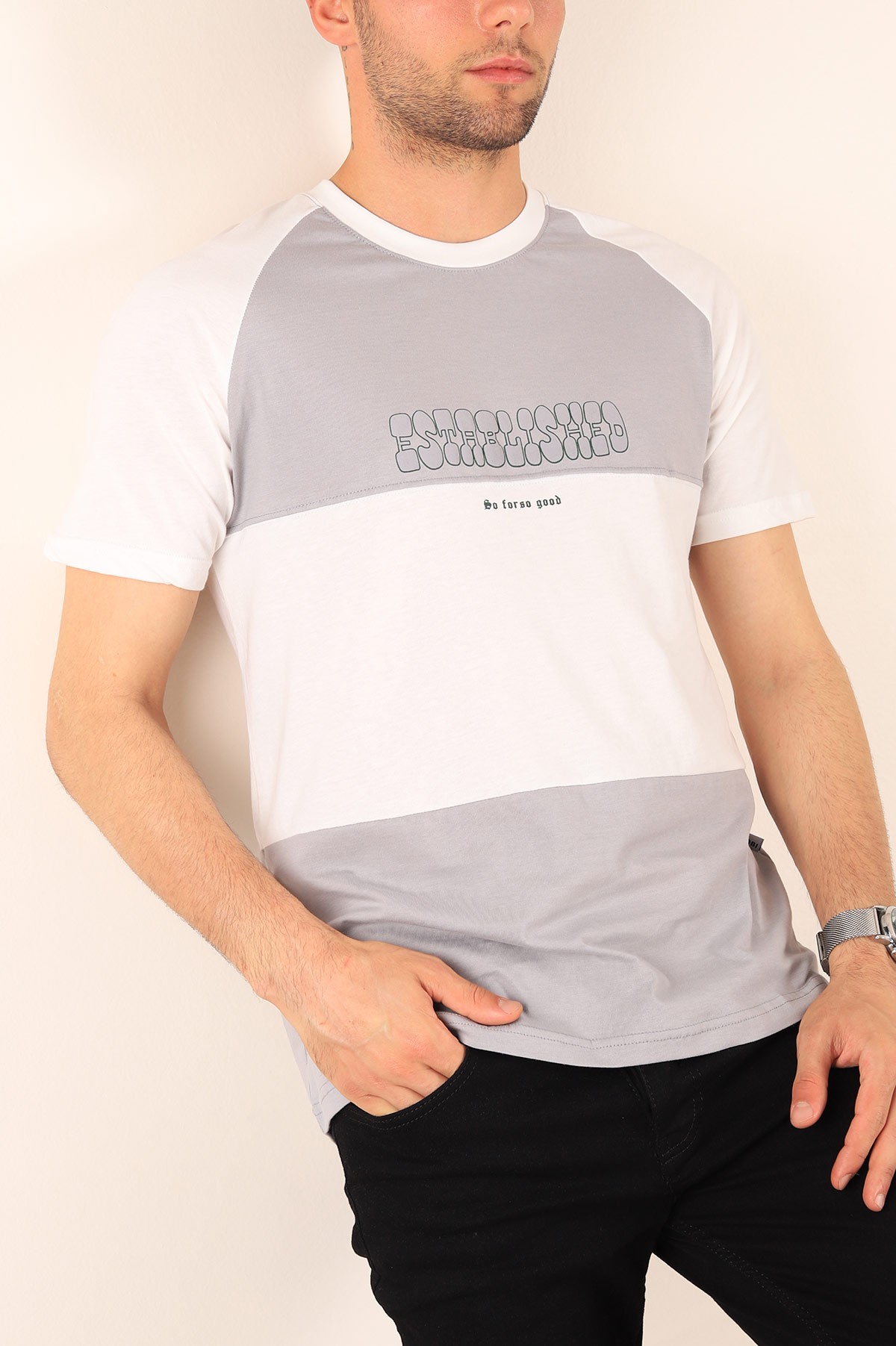 Füme Beyaz Oversize Reglan Kol Yazı Detay Erkek Tişört 182284