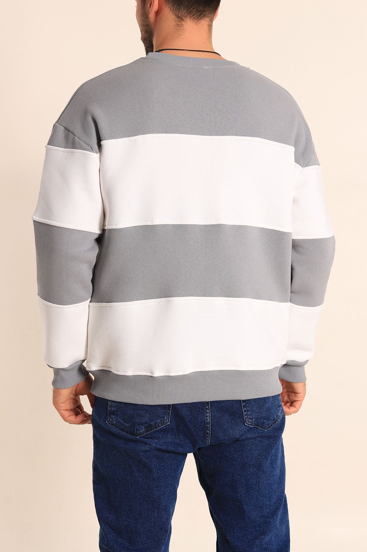 Füme Beyaz Oversize Üç İp Şardonlu Kabartma Yazılı Erkek Sweatshirt 222558