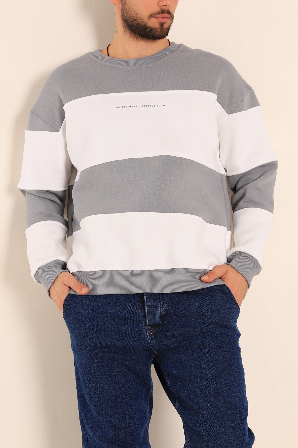 Füme Beyaz Oversize Üç İp Şardonlu Kabartma Yazılı Erkek Sweatshirt 222558