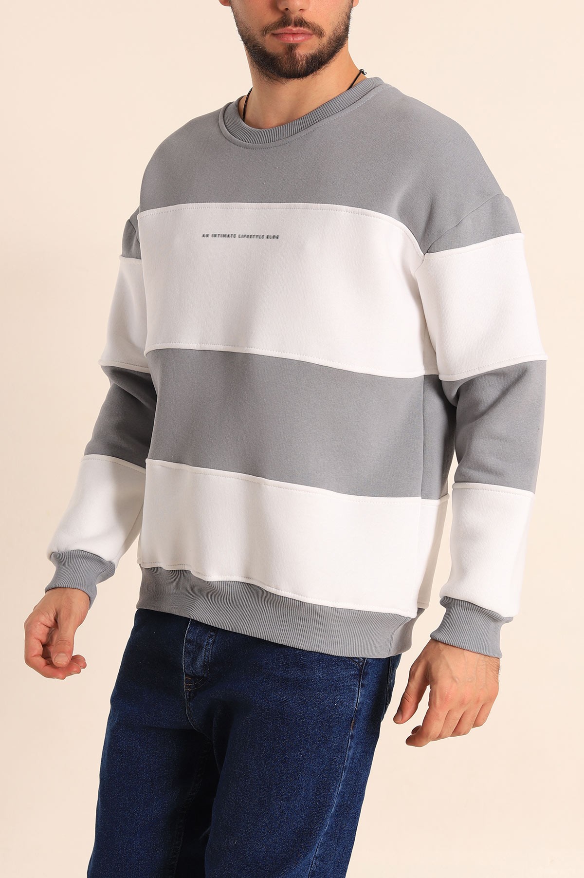 Füme Beyaz Oversize Üç İp Şardonlu Kabartma Yazılı Erkek Sweatshirt 222558