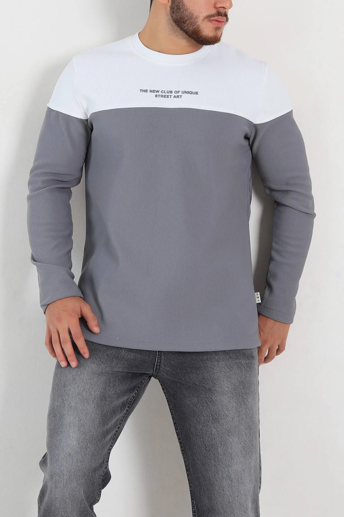 Füme Beyaz Regular Fit Kabartma Baskılı Erkek Sweatshirt 305871