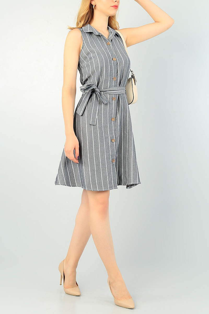 Füme Boydan Düğmeli Çizgili Poplin Elbise 71065