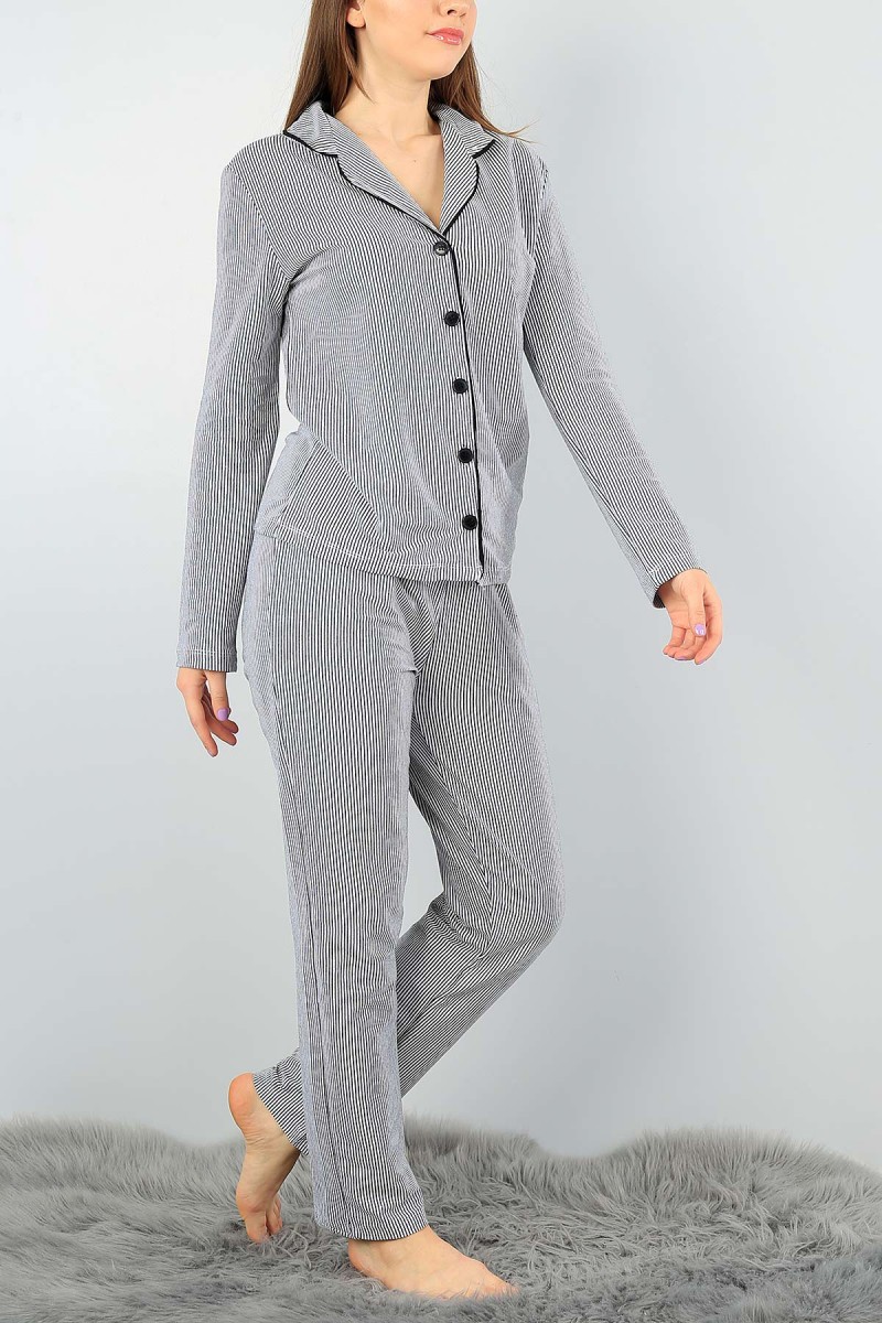 Füme Çizgili Tasarım Bayan Pijama Takımı 58096
