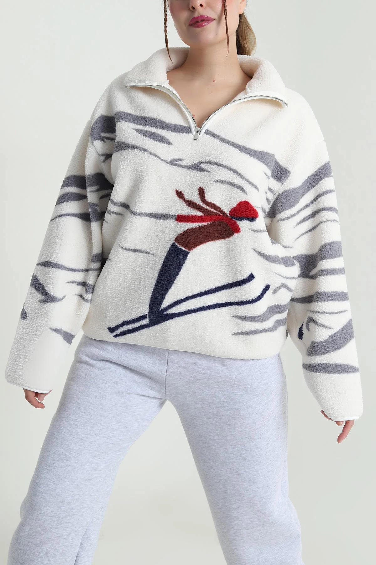 Füme Desenli Uzun Kollu Teddy Kadın Sweat 482455