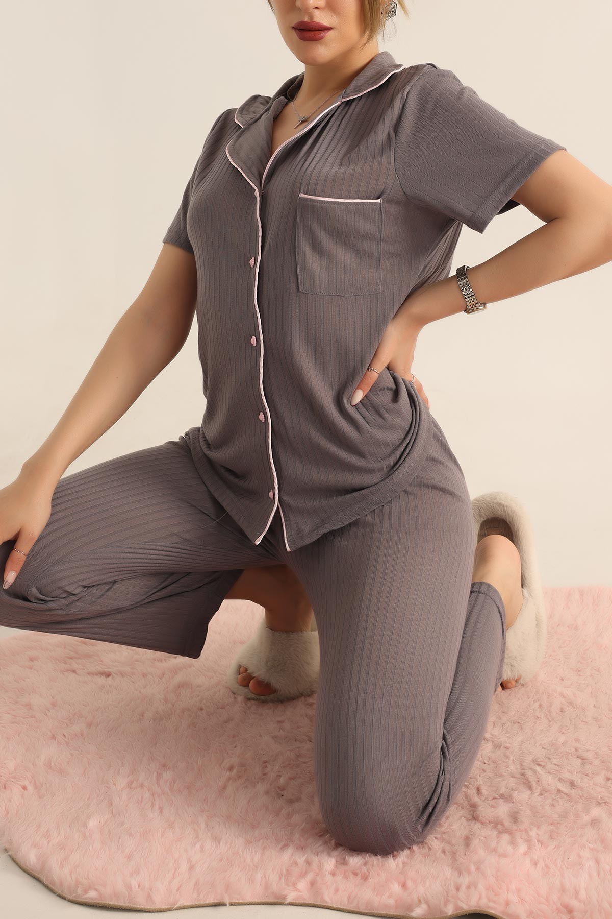 Füme Düğmeli Bayan Pijama Takımı 181838