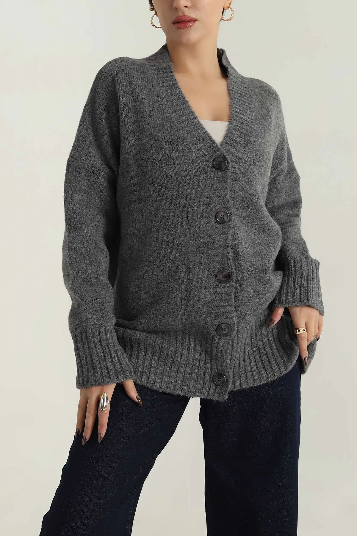 Füme Düğmeli Oversize Kadın Triko Hırka 412284